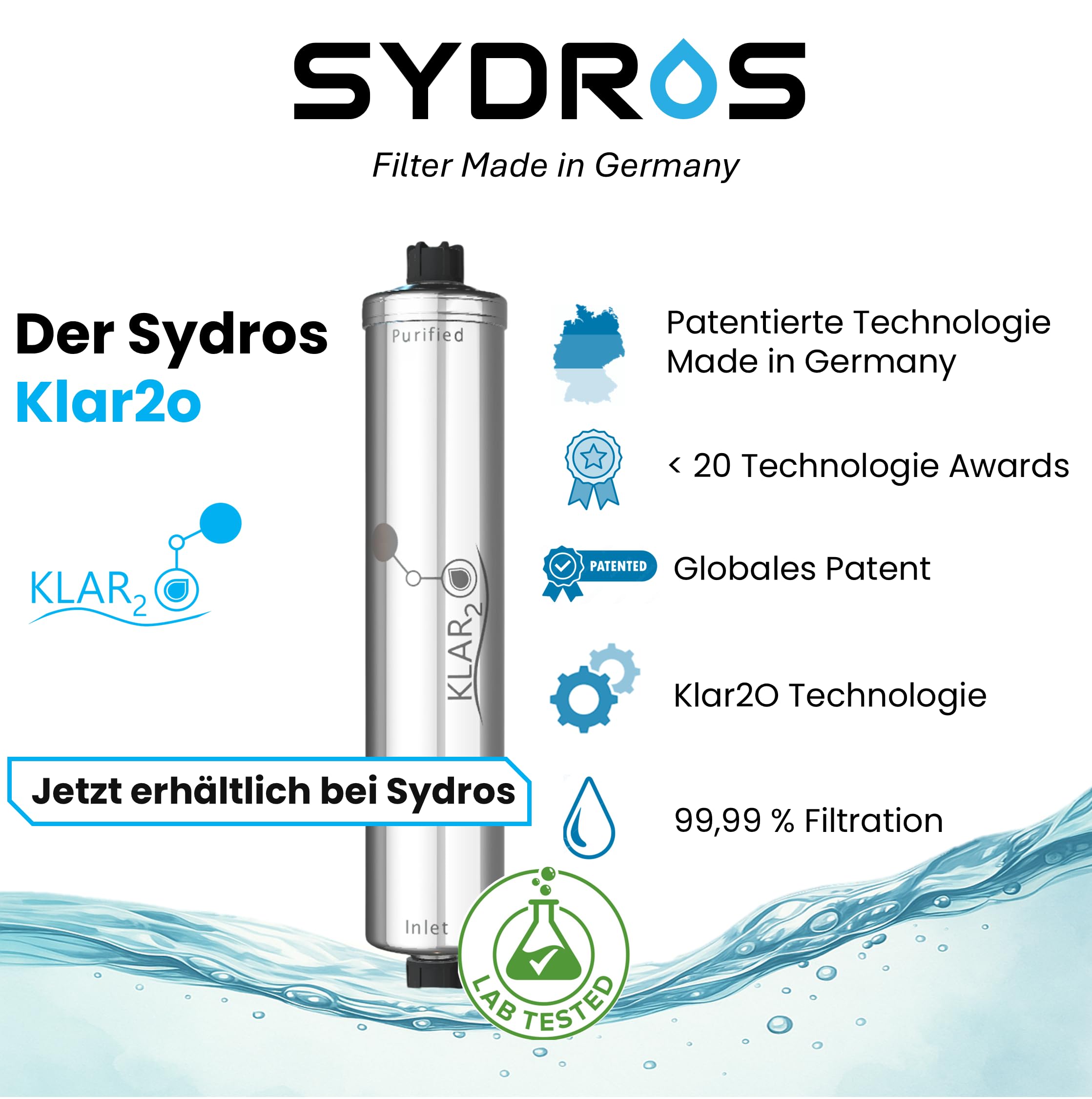 Sydros Optimus 6-Stufen-Wasserfilter filtert zu 99% Nanoplastik & PFAS, reduziert Kalk Chlor & 500+ Schadstoffe Schwermetall Reduktion Chemiefrei Edelstahl Wartungsarm