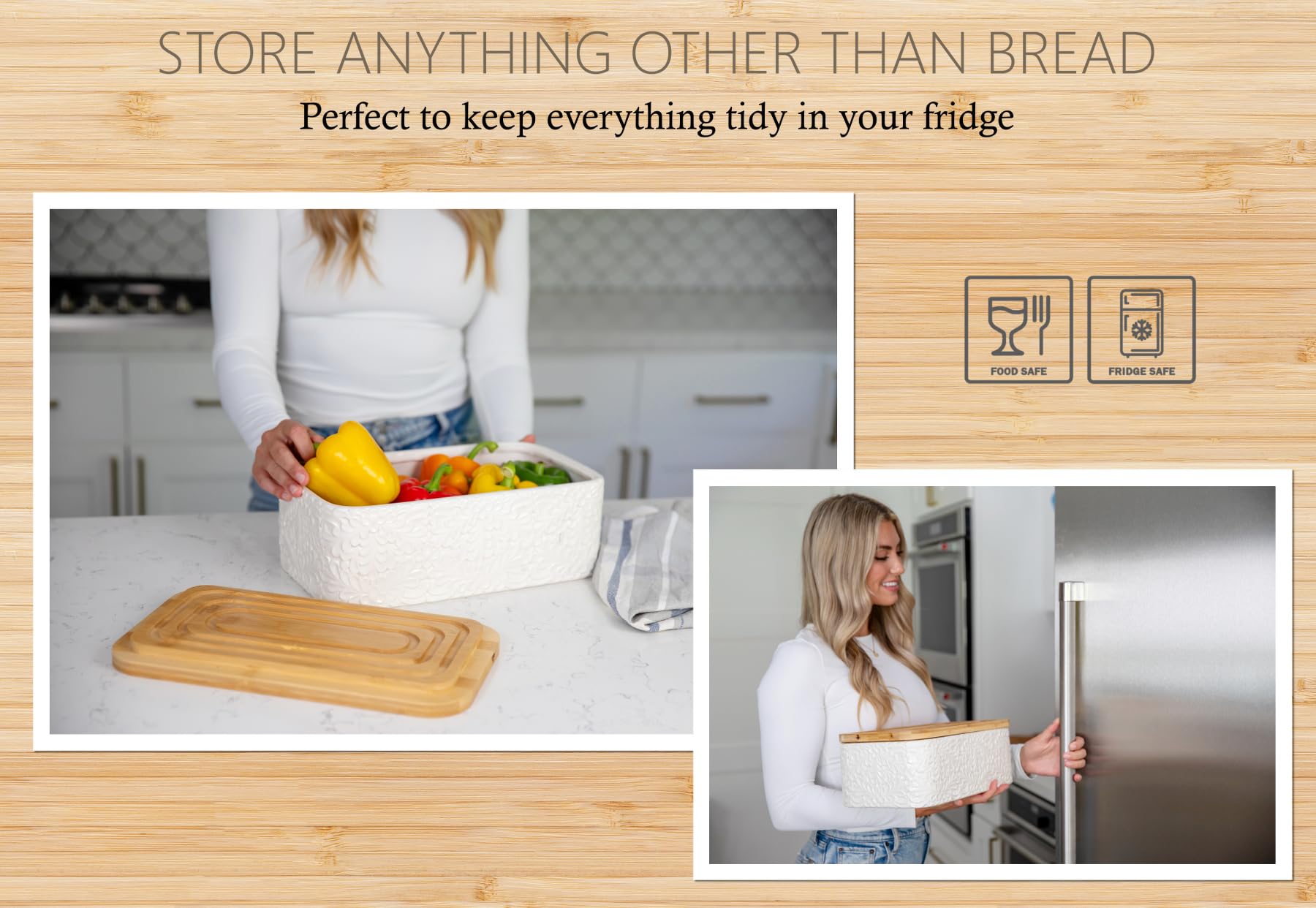 Panera de cerámica grabada para encimera de cocina, recipiente multiusos para almacenamiento de pan con tapa gruesa de bambú para cortar, elegante panera con grabado inspirado en la naturaleza, 13.8 x