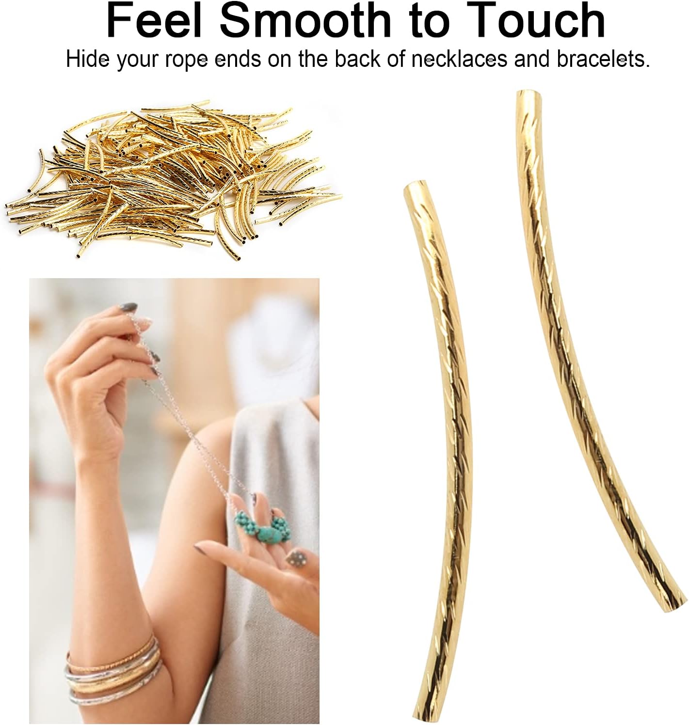 200Pcs Golden Plated Long Curved Noodle Tube Spacer Beads Sterling Bar Column for Bracelets Supplies (Gold) - Image 4