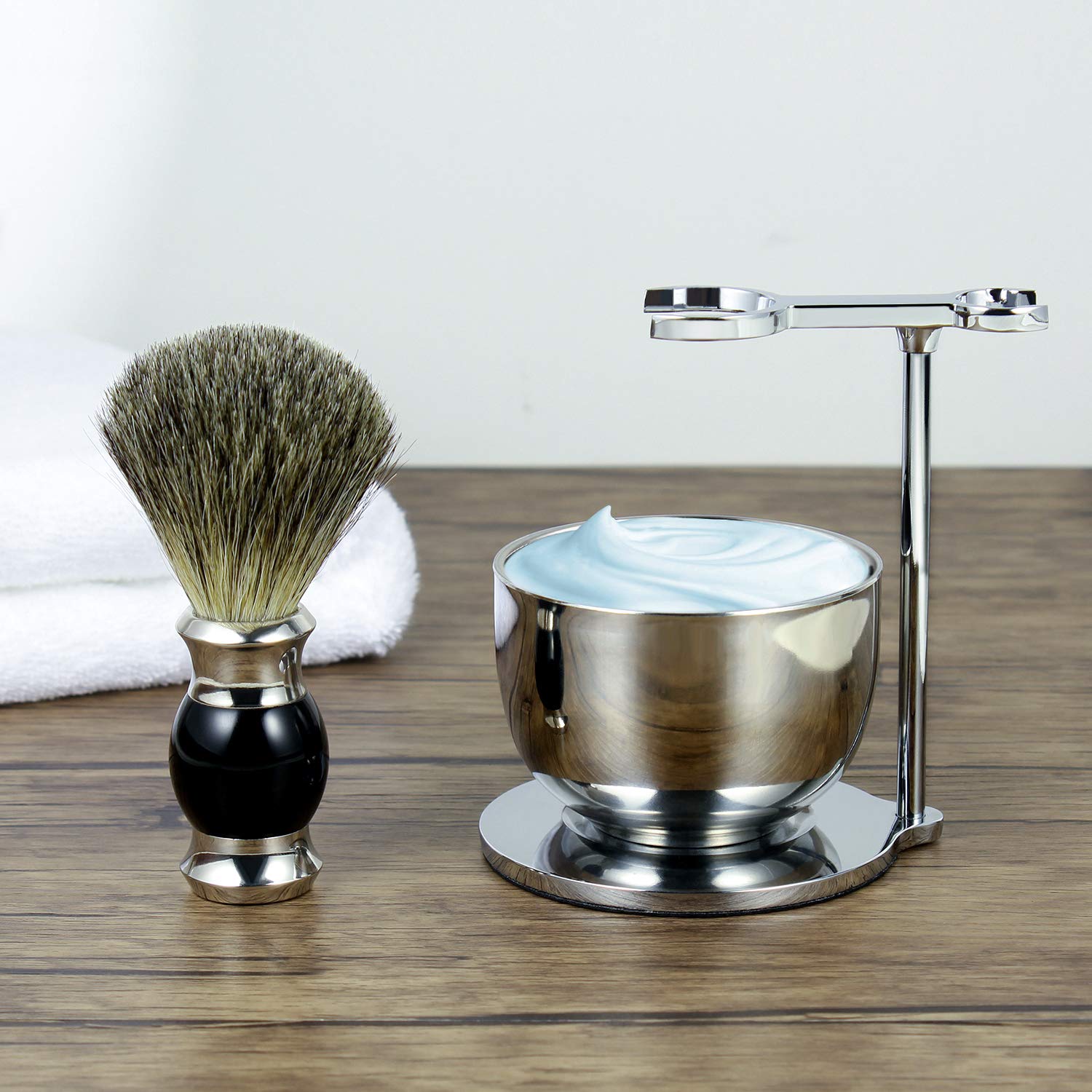 GRUTTI Ensemble de blaireaux de rasage 3 en 1 – Support pour rasoir de sécurité, porte-brosse, blaireau synthétique, bol de rasage en acier inoxydable – Ensemble de supports de rasage pour homme