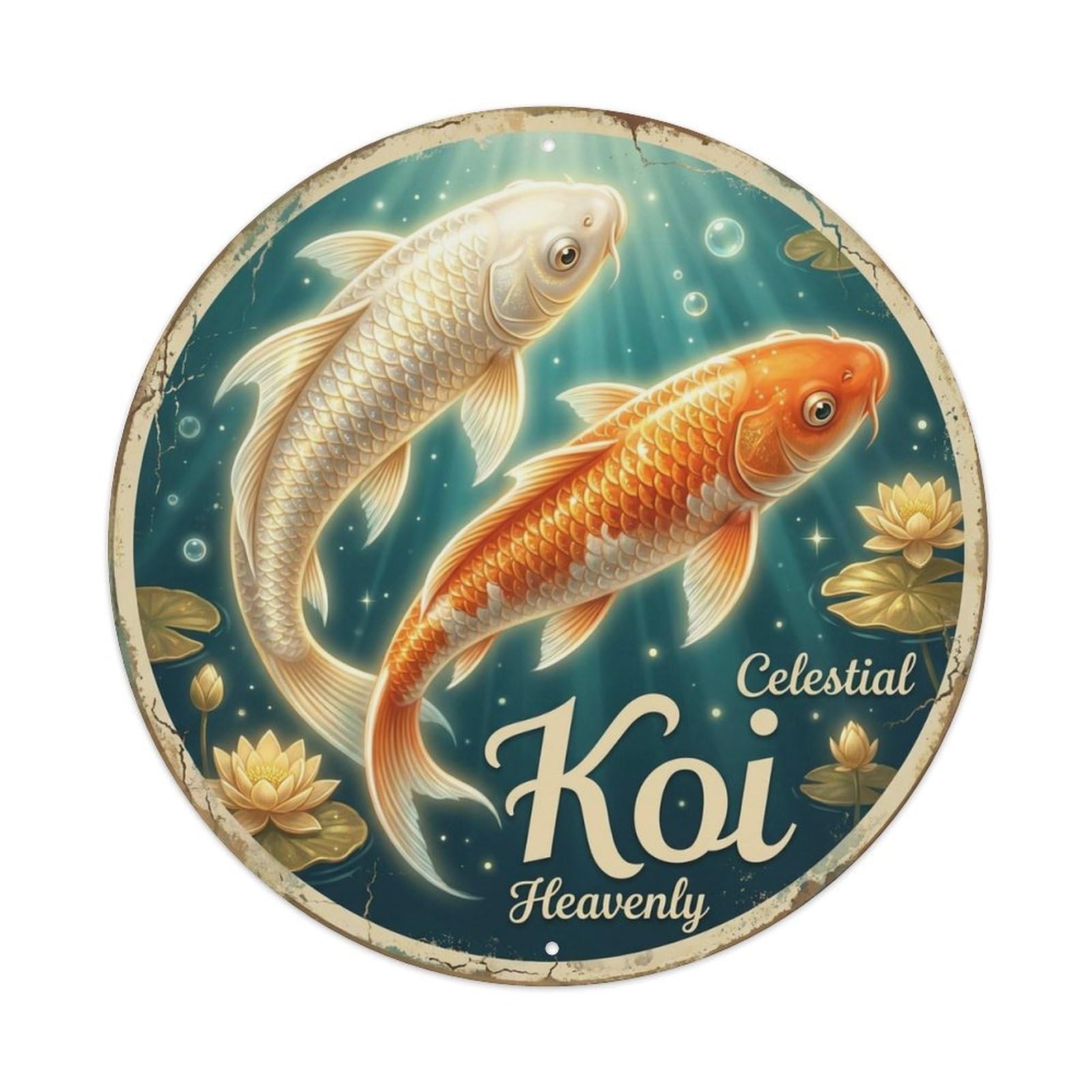 Koi Carp Sacred Classic Garden Prosperity Metal Tin Sign Plaque Wall Decor for Cafe, Man Cave, Club Bar, Office, Home Garden Round Metal Poster 8x8Inch