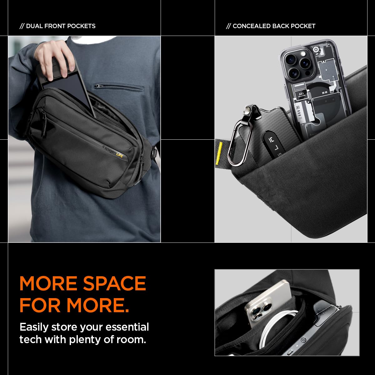 Spigen Life Klasden Sac de Poitrine Waist Bag Étanche pour Hommes et Femmes - Noir