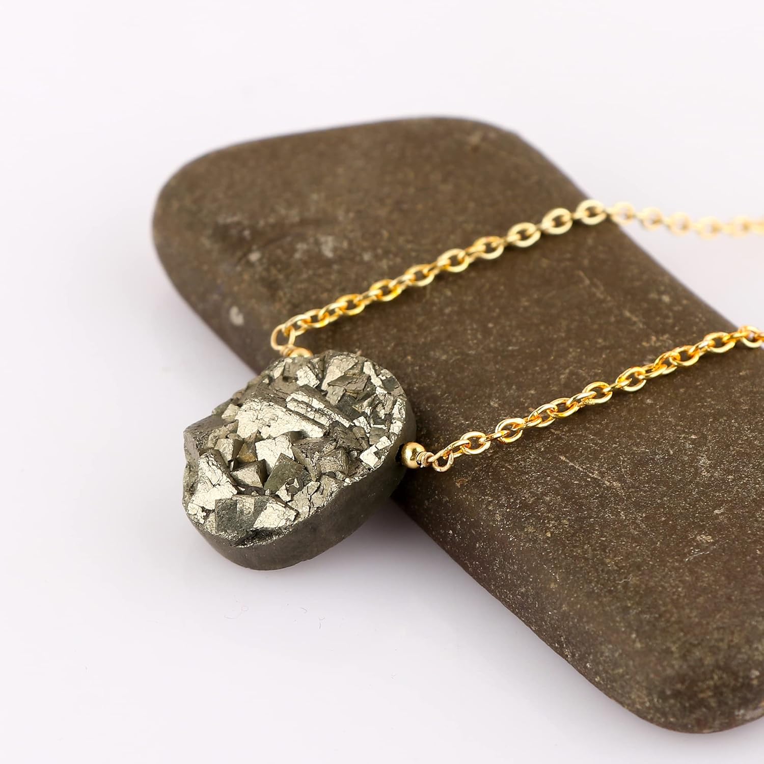 Natural Pyrite Druzy Oval Cabochon Necklace | Gold Plated Gemstone Pendant Necklace | Pyrite Stone 8–12 mm | Approx 15–25 Carat | Adjustable Chain 16+2 Inch - Image 2