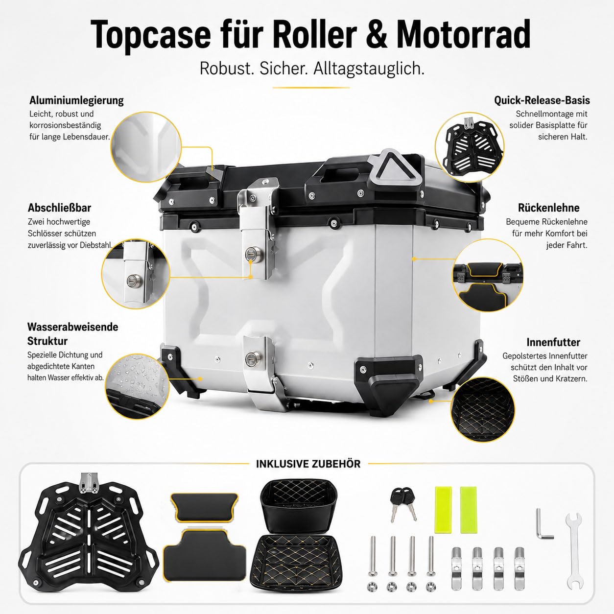 Baúl Moto y Scooter de Aluminio, Top Case Moto con Cerradura, Respaldo, Forro Interior y Base de Liberación Rápida, Maleta Trasera Resistente al Agua para Casco,Plata,45L