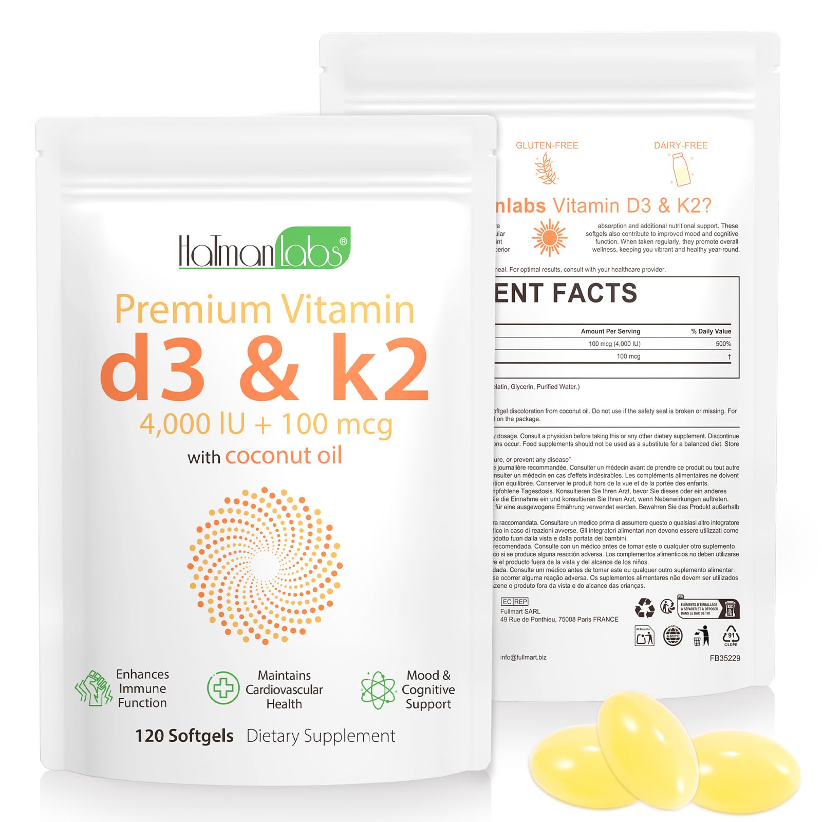 Vitamin D3&K2(MK7) Supplement Softgel, 4000 IU VIT + 100 MCG with Coconut Oil, 120 Easy-Swallow Vitamin D3 K2 Tablets, Gluten Free, High Strength Vegetarian Vitamin Supplements