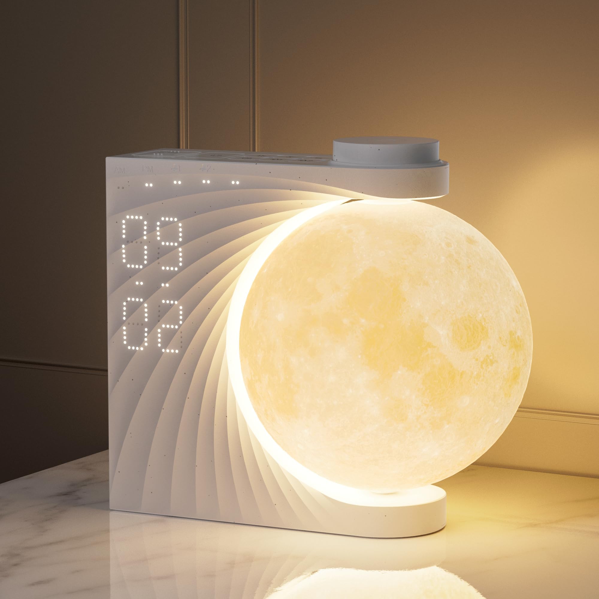 Moon Lamp with Light, 2 Alarms, Lunar RGB 8 Colours, Natural Sound, Wake Up Light, 3 Levels of Brightness Night Light Bedside Lamp for Women Girls Boys (Manual Rotation)