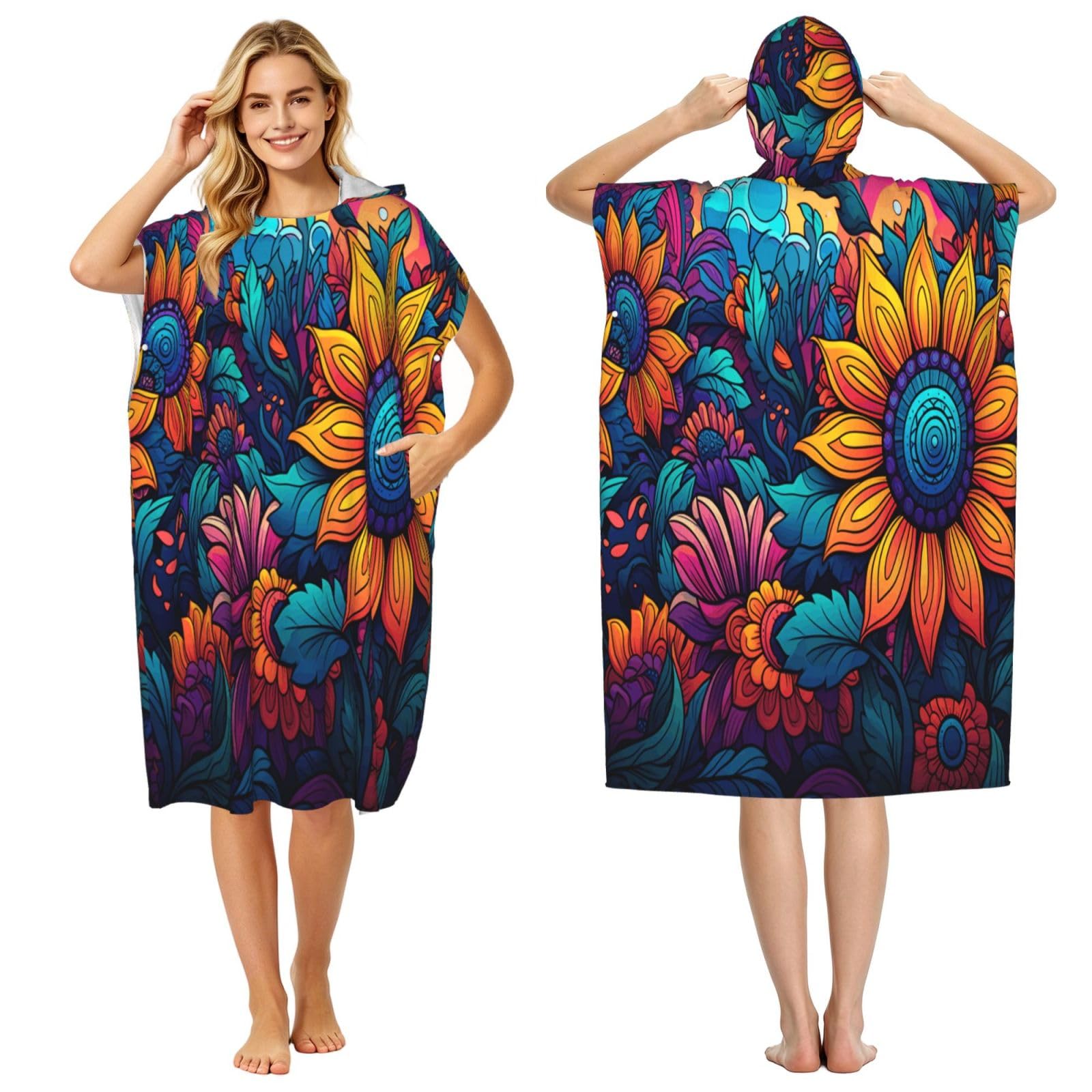 DTHKJNLSF Anime Sunflower Adult Hooded Beach Poncho Towel