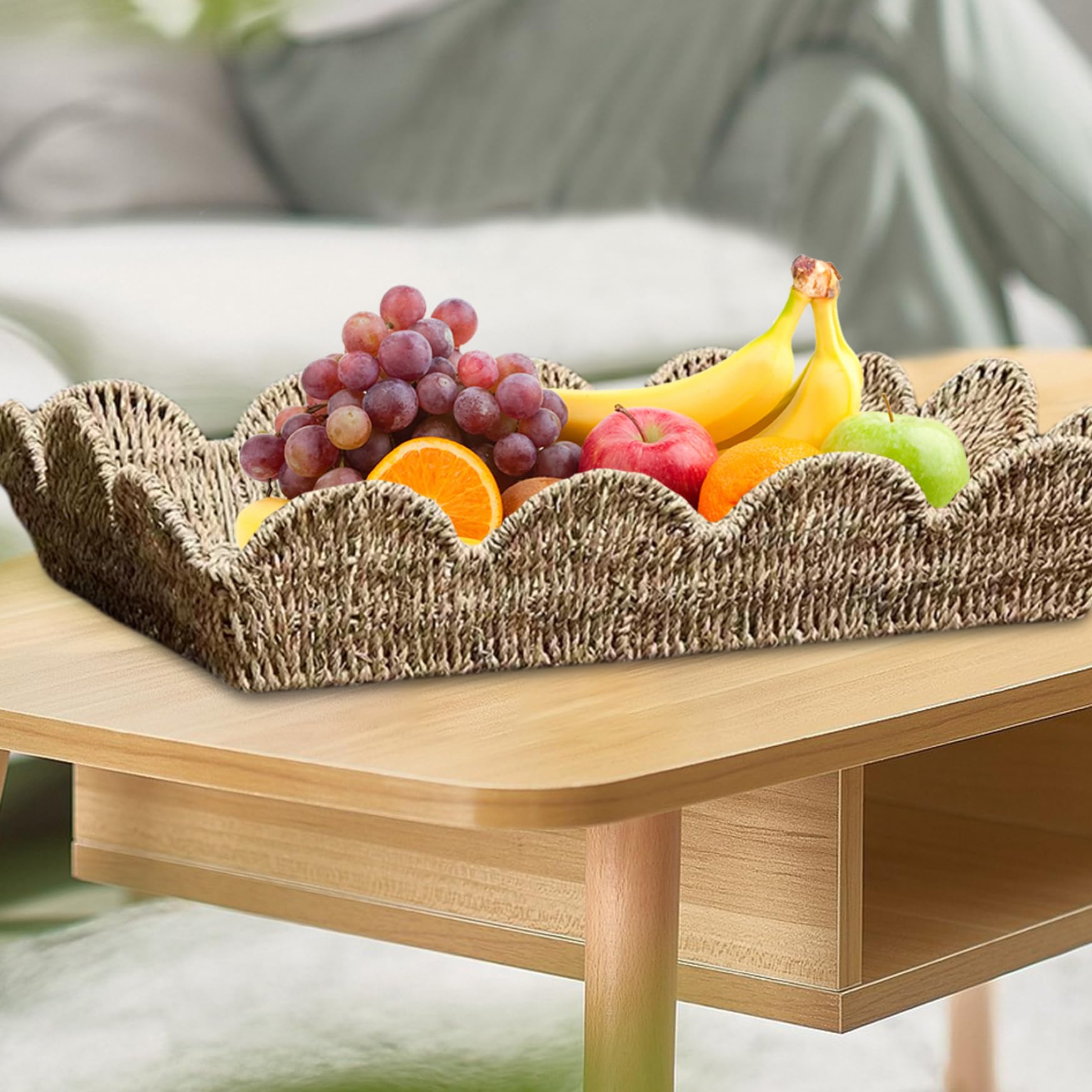 Bandeja rectangular de mimbre de hierba marina rústica con borde festoneado, 19.7 x 14.6 x 3.9 pulgadas, ideal para decoración del hogar, cocina, fiestas y entretenimiento