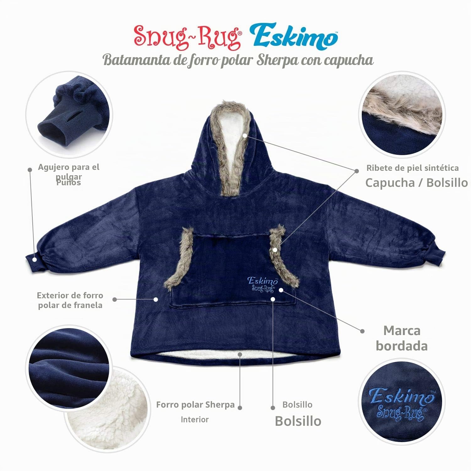 Snug Rug The Eskimo - Manta Sudadera con Capucha, de Forro Polar Sherpa Supersuave y cálido de Primera Calidad, para Adulto, Oversized, Talla única, Unisex, para Hombre y Mujer