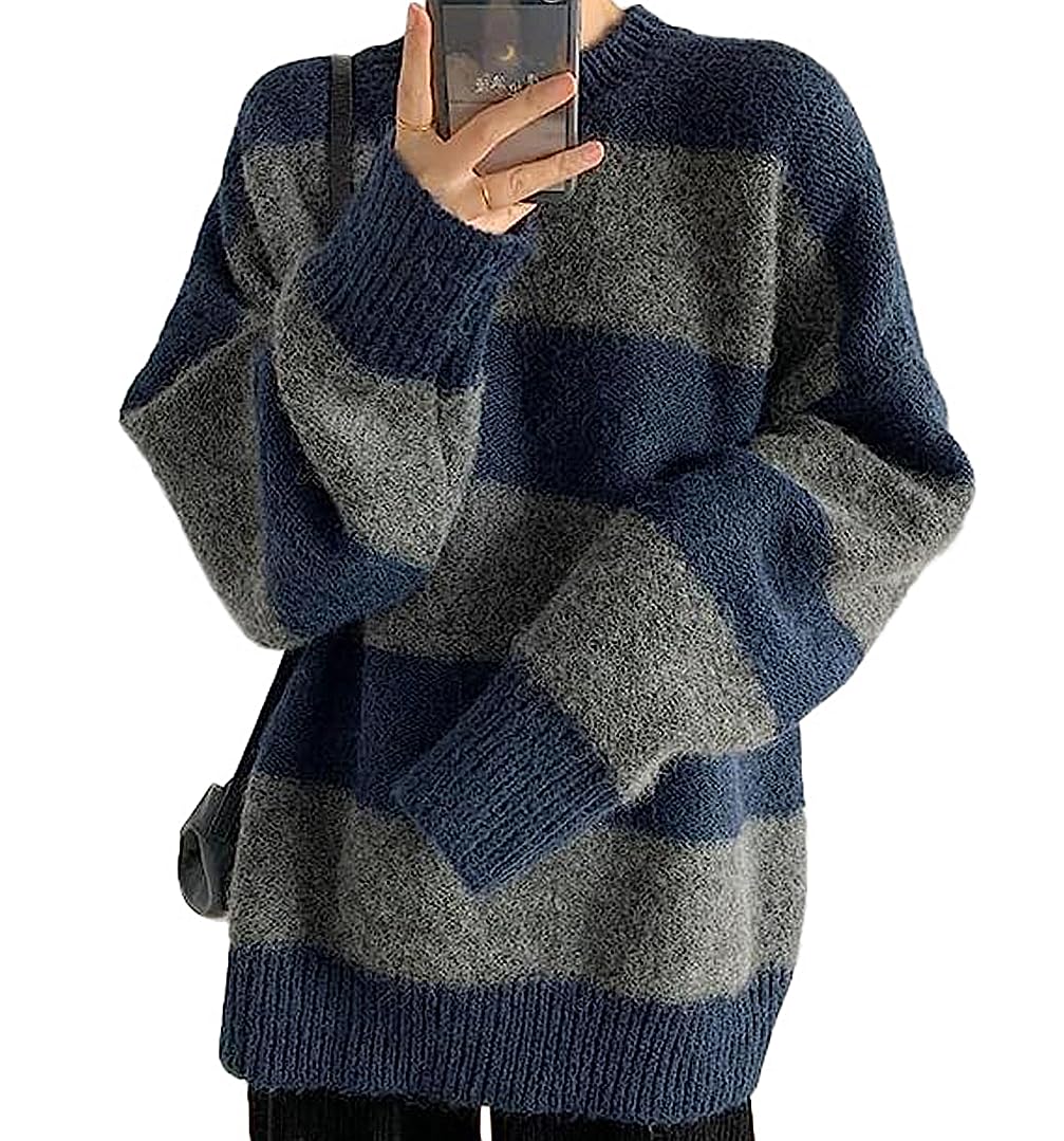 Women Striped Oversized Sweater Knitted Long Sleeve Y2K Pullover Jumper Tops