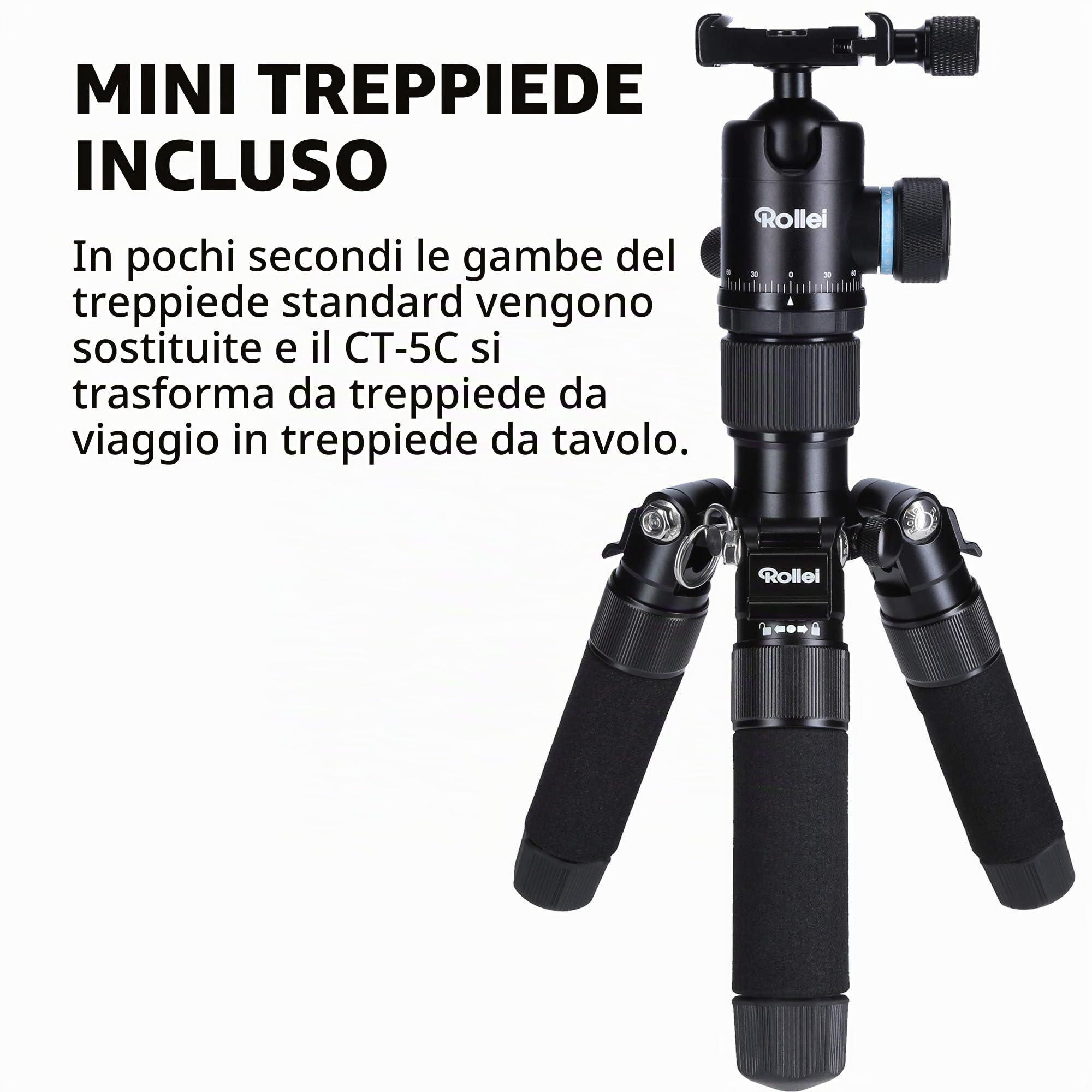 Rollei CT-5C, Treppiede Compatto inclusa Testa a Sfera, Funzione Monopiede, Carico max.: 8 kg, Carbonio, ARCA SWISS Compatibile, Nero