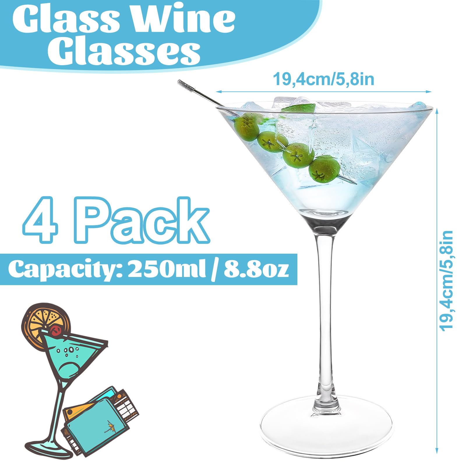 Lot de 4 Verres à Martini - 250 ml - Verres Cosmopolitan - Pour Fête, Maison, Fêtes, etc