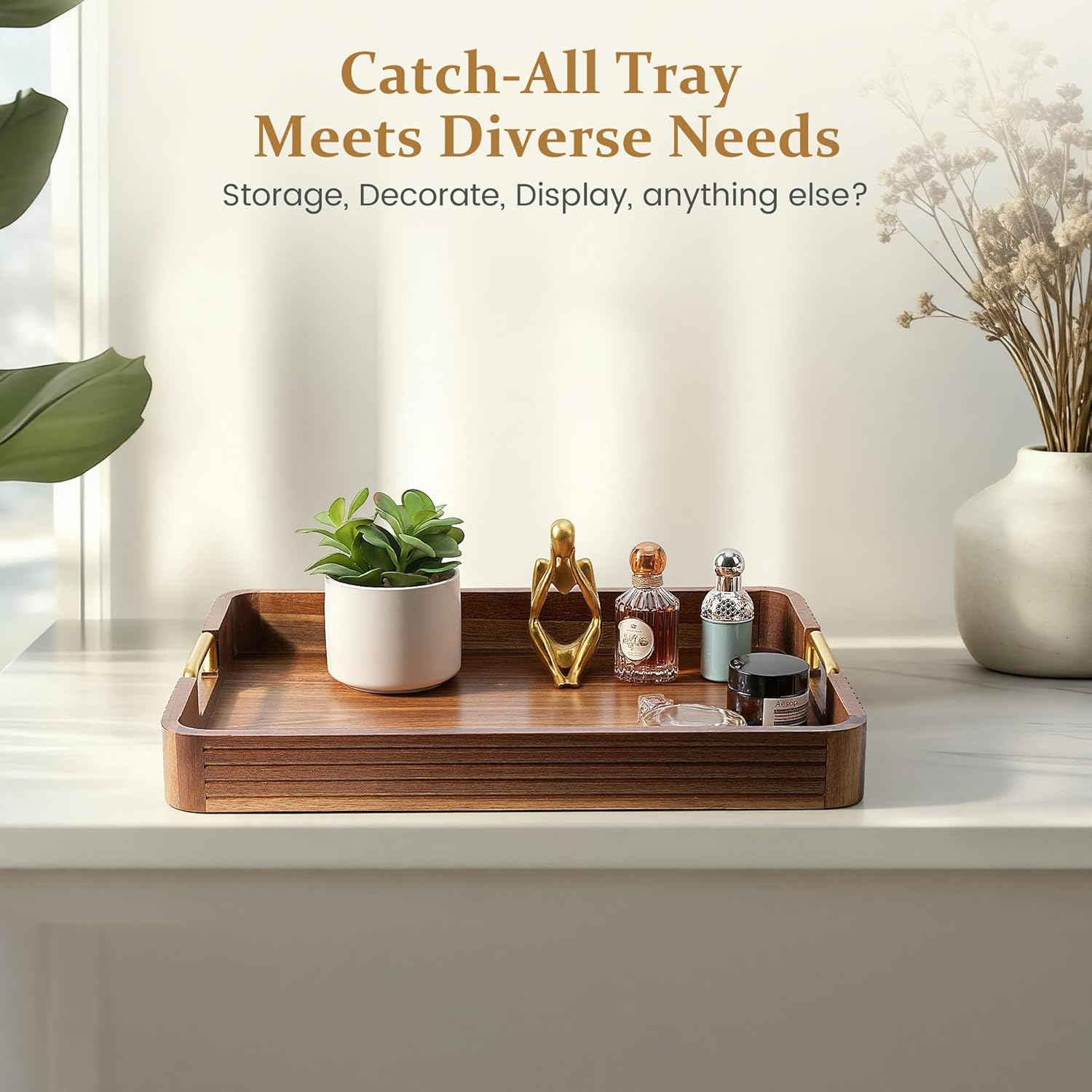 Acacia Wood Serving Tray with Metal Handles, 17x13in, Decorative Coffee Table Tray & Ottoman Tray, Anti-Slip Pads, Dark Wood Tray for Breakfast in Bed, Bar Tray, Gift Box - Image 5