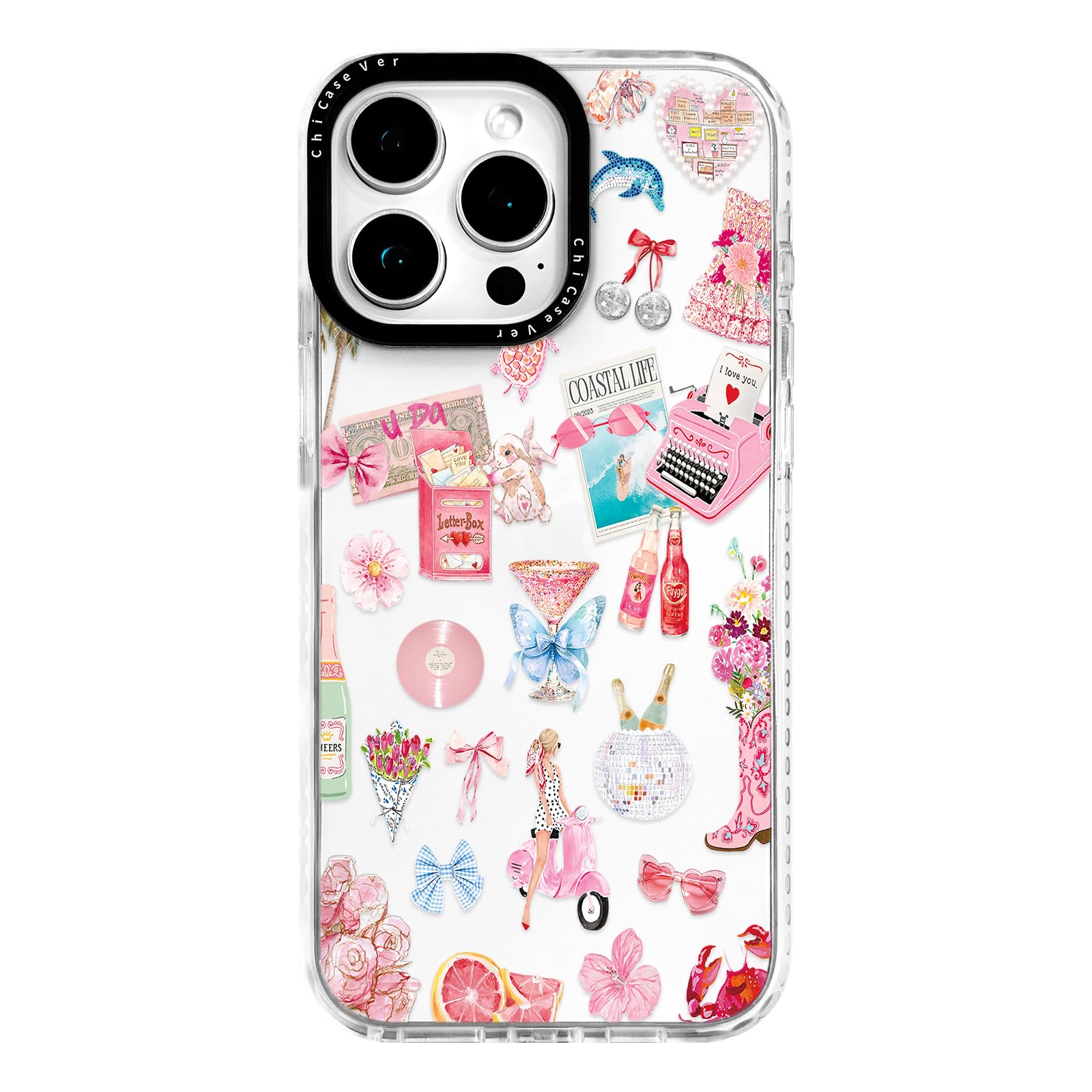for iPhone 13 Pro Case, Coastal Romance Collage Pattern with Pink Motifs, Military-Grade Drop Protection, Trendy Glamorous Soft Slim TPU Protective & Camera Protection for Women Girls
