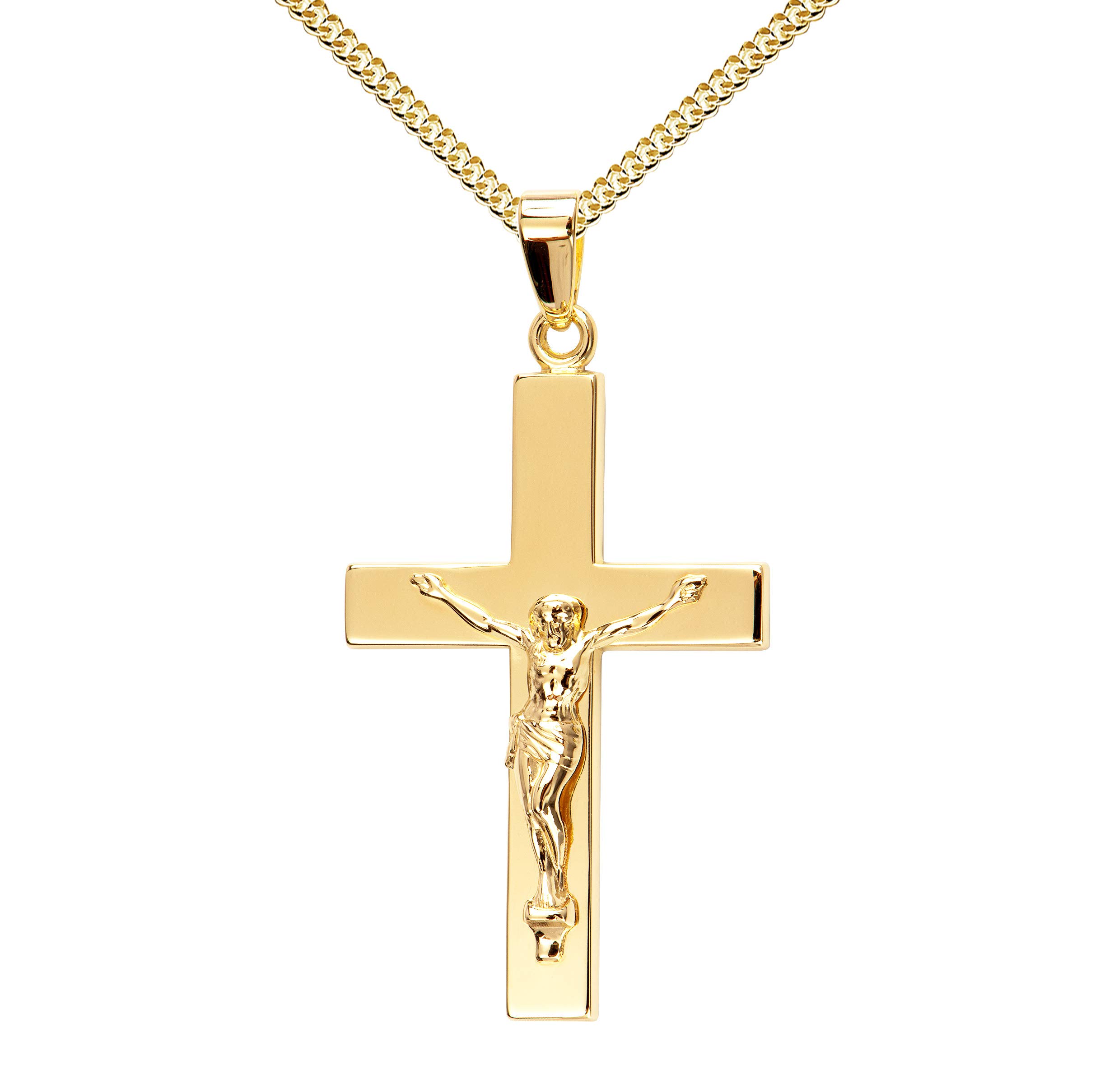 Kreuz-Anhänger mit Panzer-Kette Gold-Kreuzanhänger Jesus Christus für Damen, Herren und Kinder als Ketten-Anhänger mit Schmuck-Etui