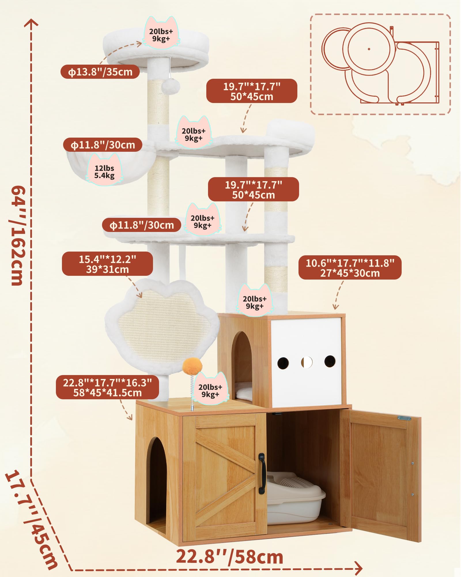 Heybly Arbre à Chat Litière Intégrée 162cm Bois Massif Moderne HCT105WB | Litière Cachée Facile À Nettoyer, Parcours Multi-Niveaux, Griffoirs En Sisal, Couchage Et Jeux Intégrés, Coloris Noyer