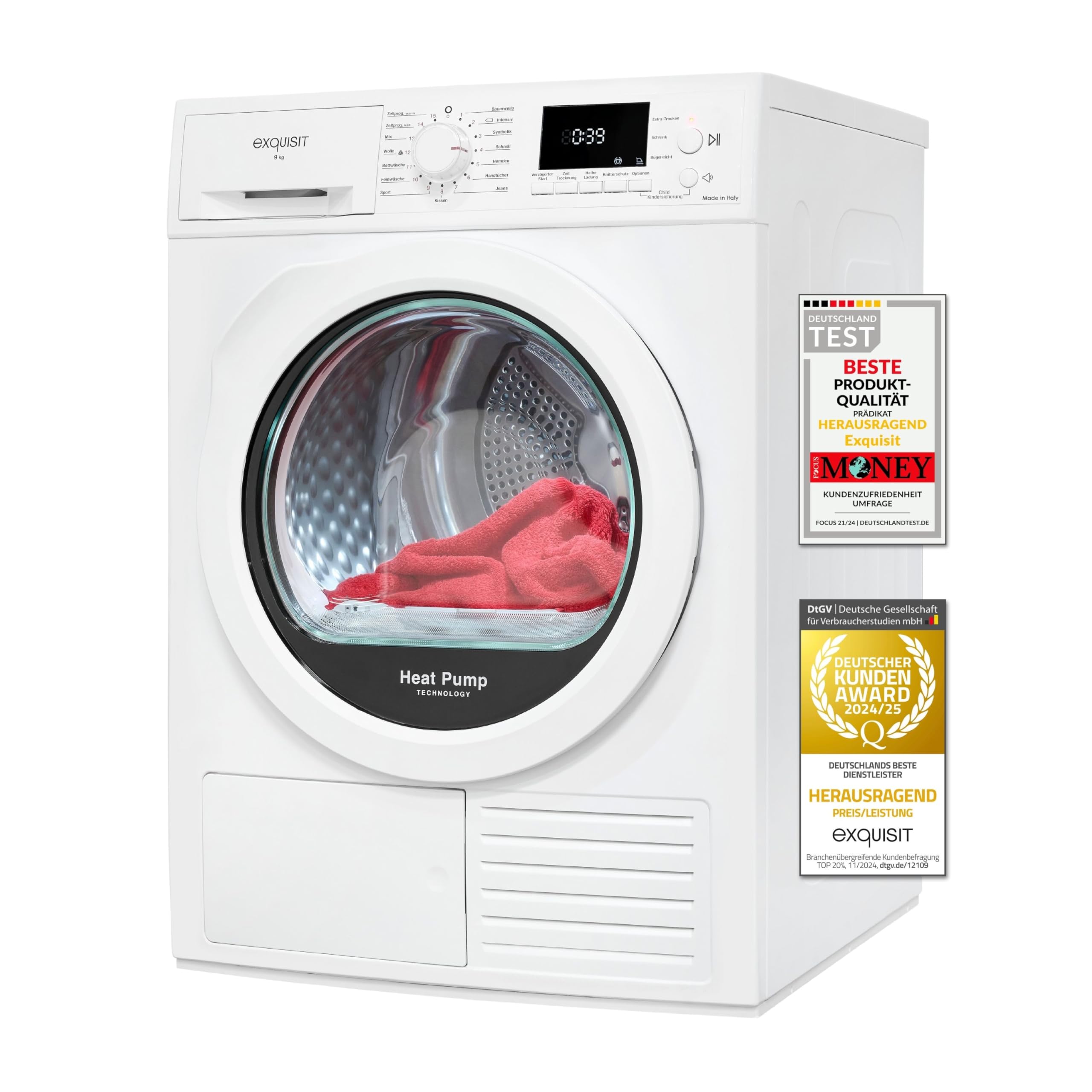 Exquisit Asciugatrice a pompa di calore TWP903-410, bianco, capacità 9 kg, classe di efficienza energetica A++, sicurezza bambini, spegnimento automatico