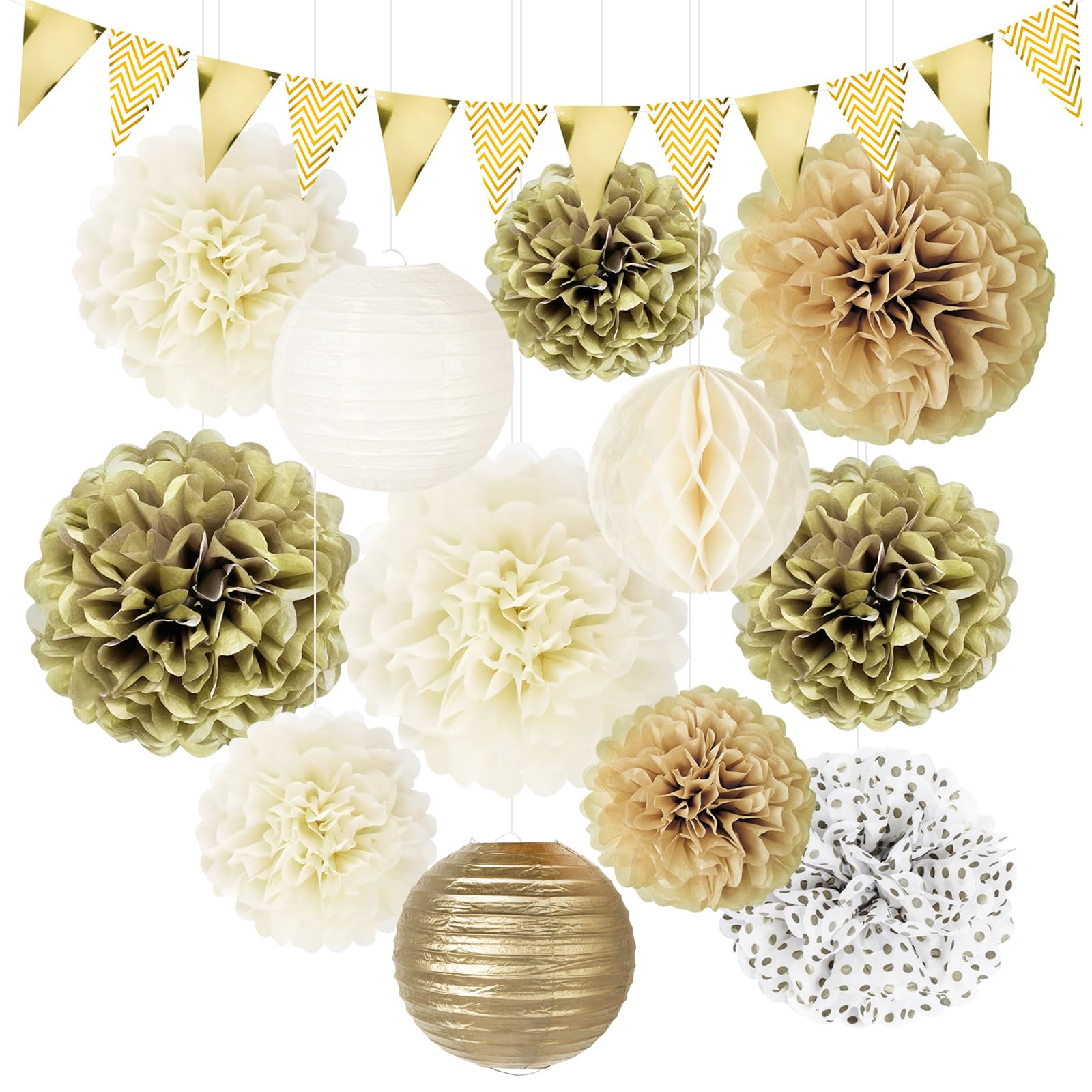 BOOMTOP 13pcs Decoración Fiesta, Pompones Papel Seda Kit Banderín, Pompones Bautizo, Pompones Boda, Decoración Boda Jardín Cumpleaños Comunión, 30cm/25cm/20cm
