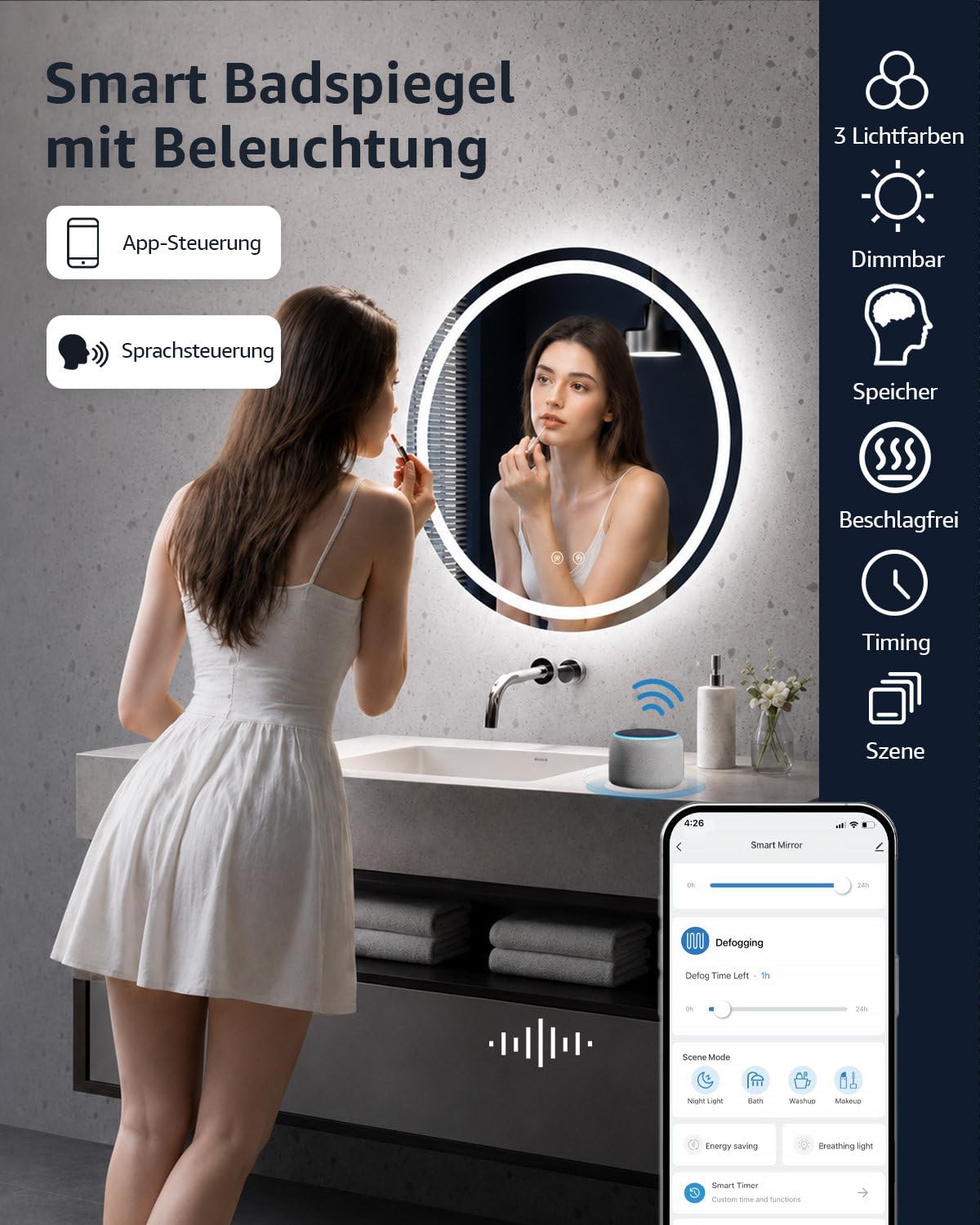 Badspiegel mit Beleuchtung, Smart LED Badezimmerspiegel Rund 60cm mit Sprachsteuerung Alexa, App, Touch Schalter, Speicherfunktion, Dimmbar, 3 Lichtfarben, Timing, Beschlagfrei Wandspiegel Badezimmer
