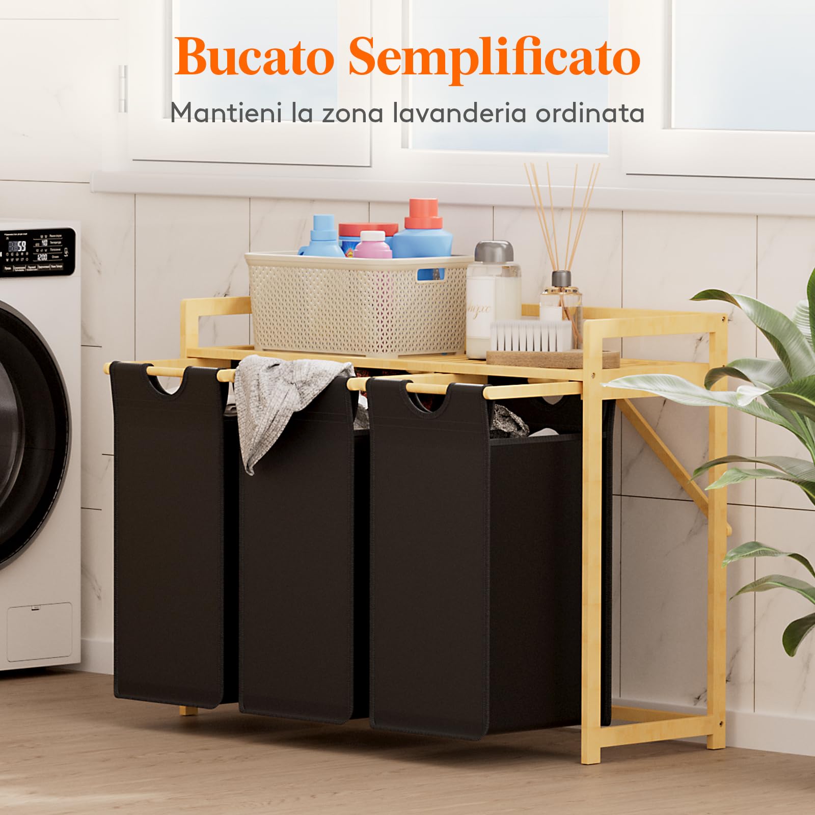 Lifewit Cesto Portabiancheria 150L a 3 Scomparti, Grande Cesta per Biancheria con 3 Sacchi Rimovibili, Mobile per Bucato per Camera da Letto, Bagno, Lavanderia, Nero