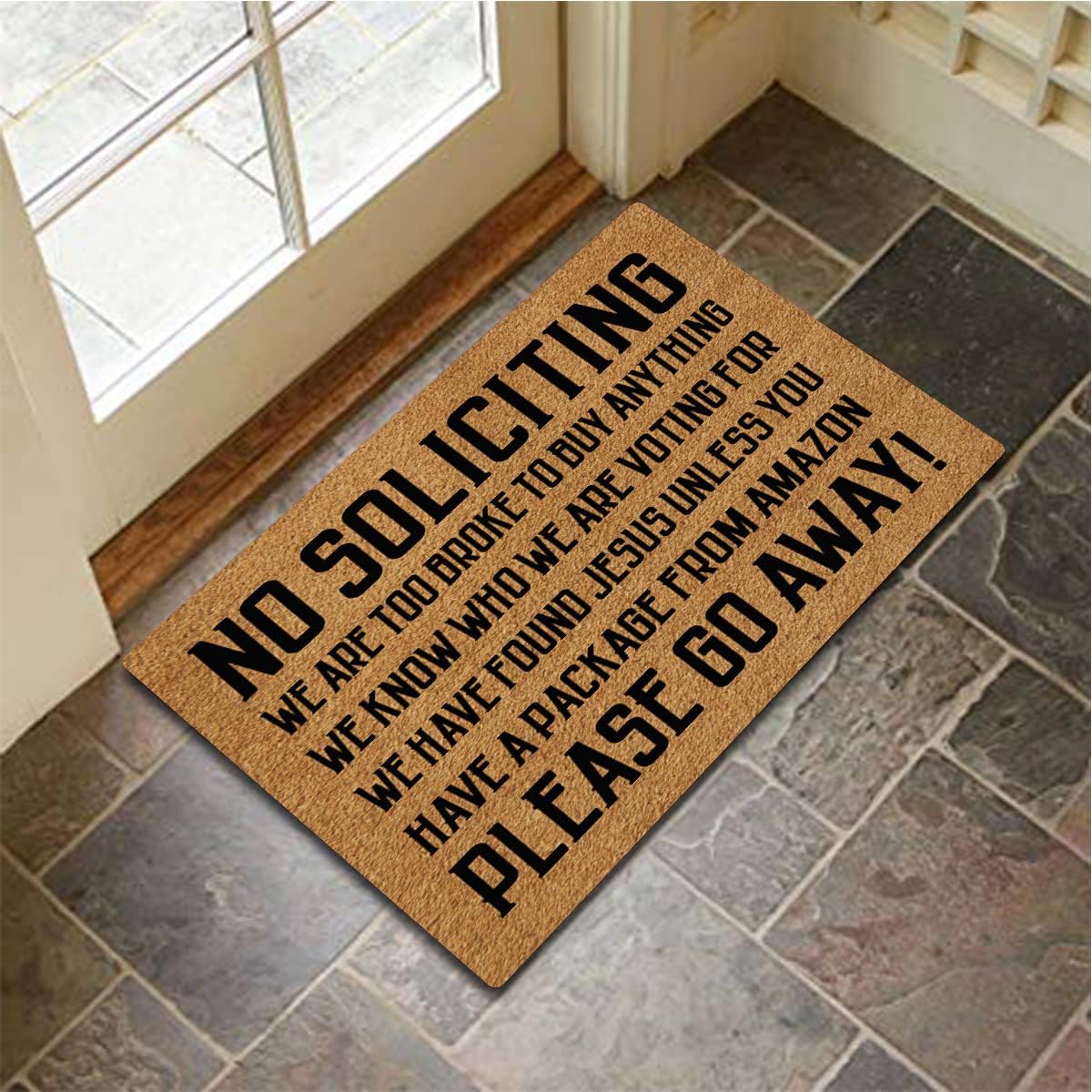 MjiejieM Funny Doormats No Soliciting Please Go Away Indoor Floor Welcome Mat for Entrance Way Rubber Back for Front Door Indoor Outdoor Cute Rugs 23.6"(L) x 15.7"(W)