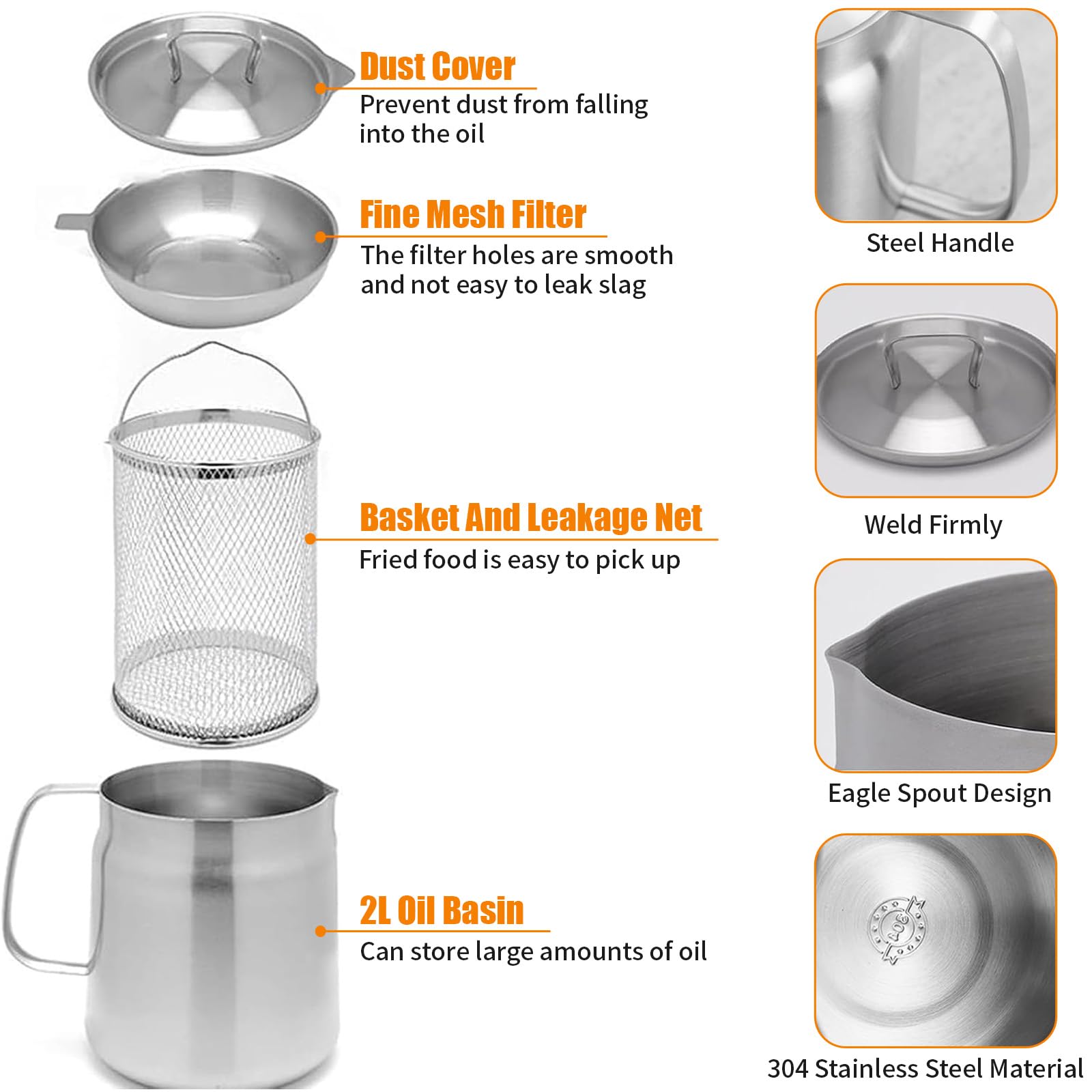 Friteuse Acier Inoxydable 304 avec Mailles Filtre Fines & Filtrant Panier, Marmite Huile Multifonctionnelle 2L Couvercle Anti-Poussière, Récipient Graissee Poignée pour Graisse Cuisson Frire