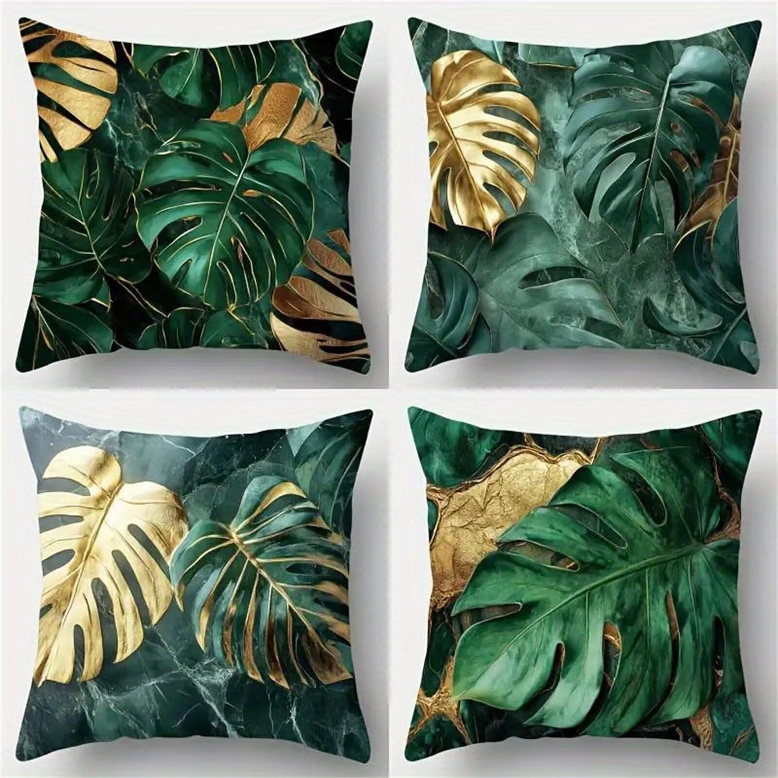 QiHon Cushion Covers 60x60 cm Set of 4 Brown Green Leaves Linen Square Pillow Cases 24x24 inch Modern Decorative Throw Pillow Covers for Sofa Couch Bedroom Home Office with Invisible Zipper