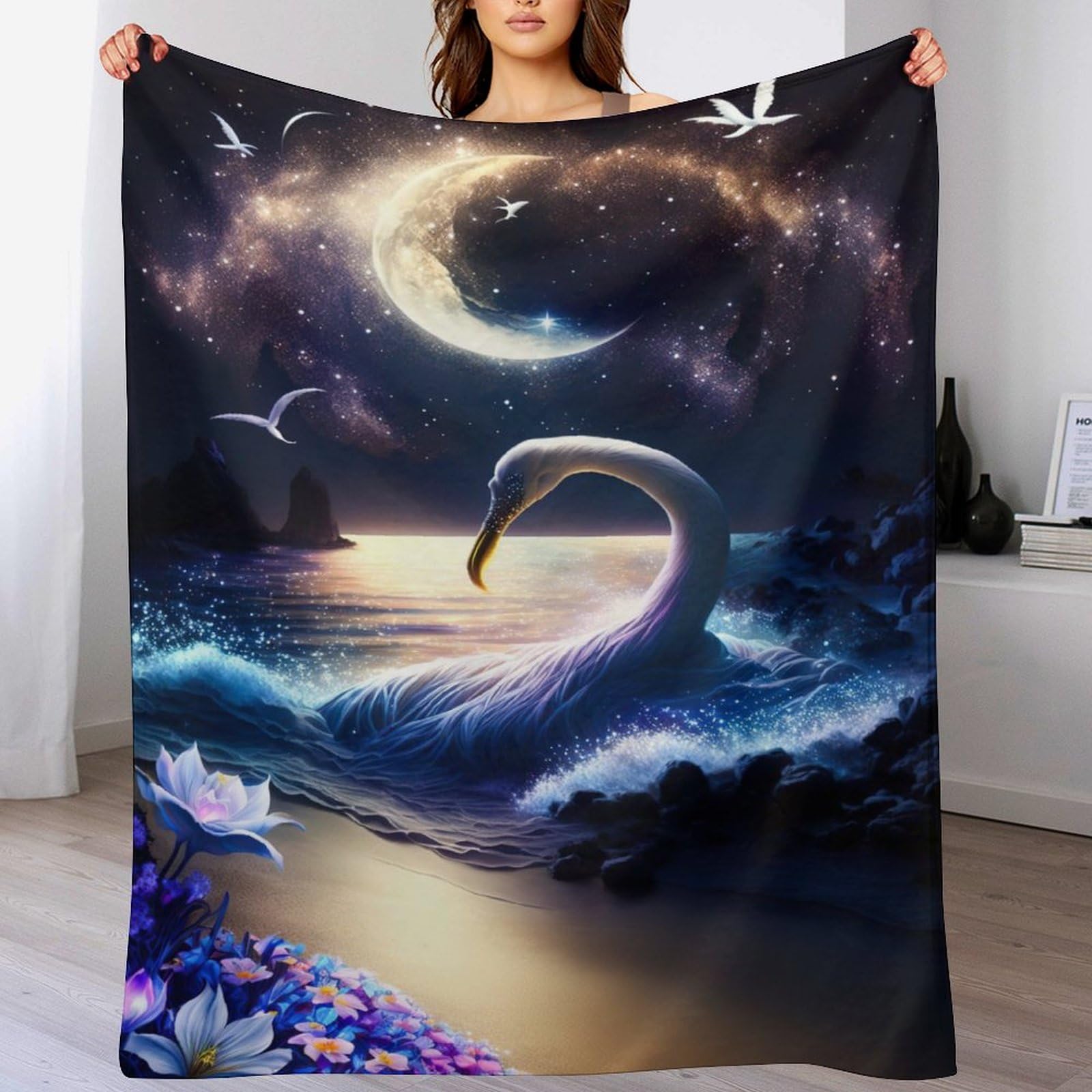 Manta de forro polar para sofá con estampado de cisne ideal para tardes de salón