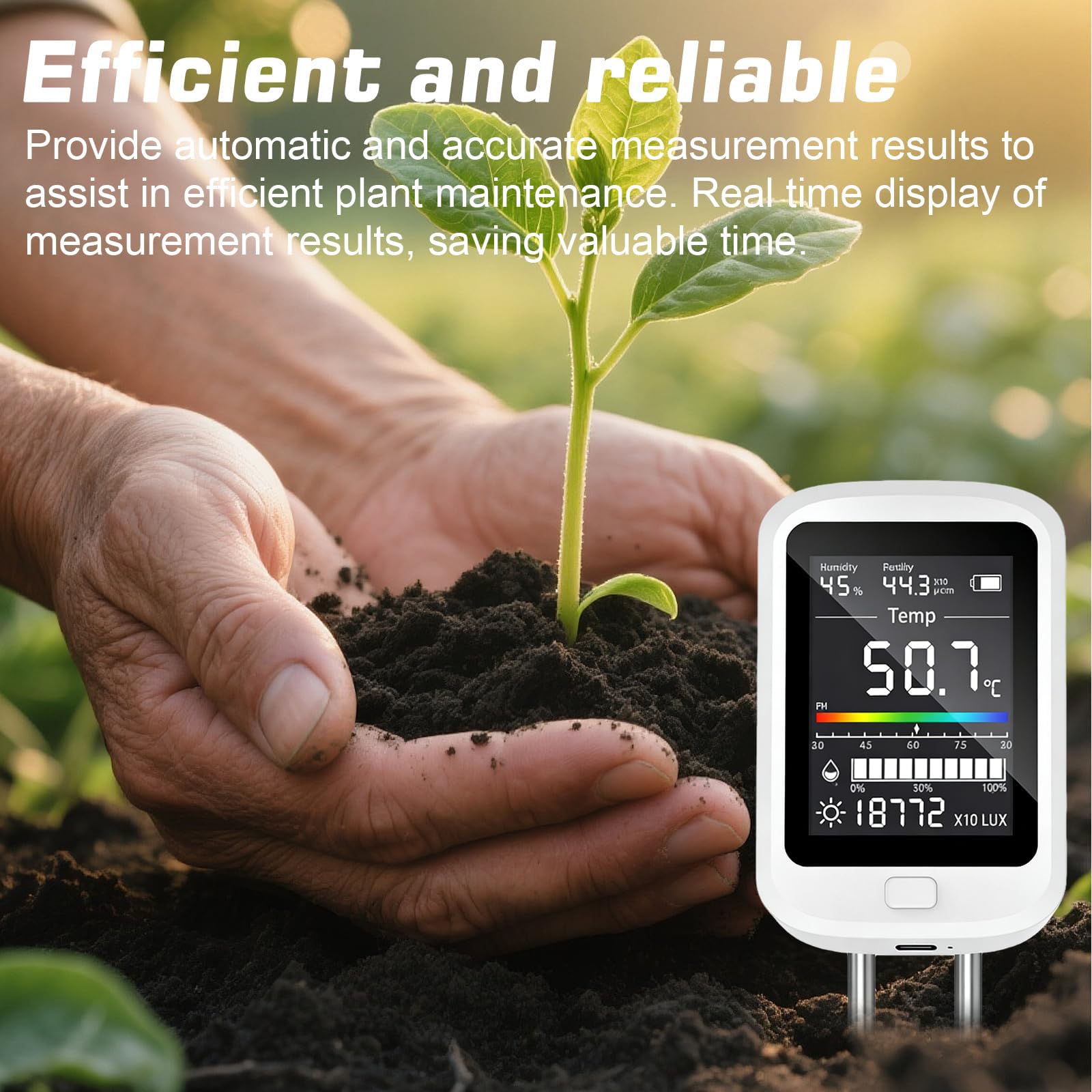 PH Terra, Misuratore di umidità 6 in 1, per piante digitali, misuratore di umidità per terreno con valore PH temperatura umidità luce fertilità per giardino, prato, agricoltura