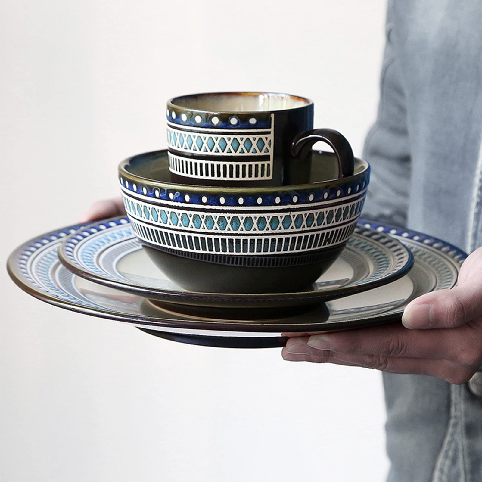 Porcelana zastawa stołowa, kompletny zestaw obiadowy z talerzami obiadowymi, talerzem deserowym, miskami na płatki śniadaniowymi i filiżankami 400 ml, zmywarką i do kuchenki mikrofalowej, 8