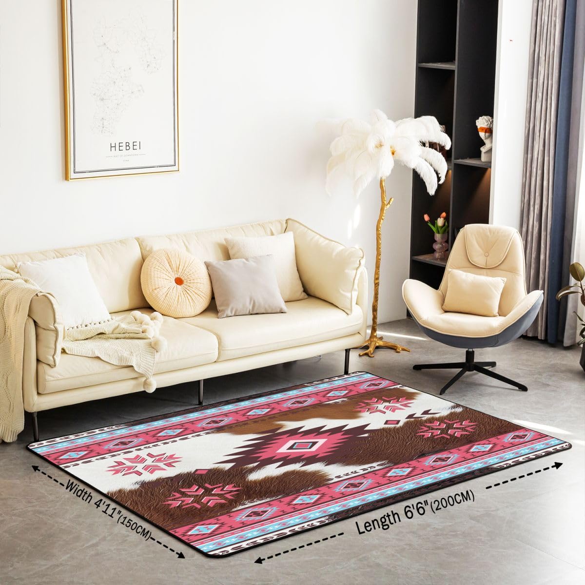 Homewish Zachodni aztecki dywan boho 100 x 150 cm do sypialni - różowy geometryczny dywan do salonu vintage południowo-zachodnia skóra bydlęca nie gubi włosia dywan diamentowy trójkąt duże dywany