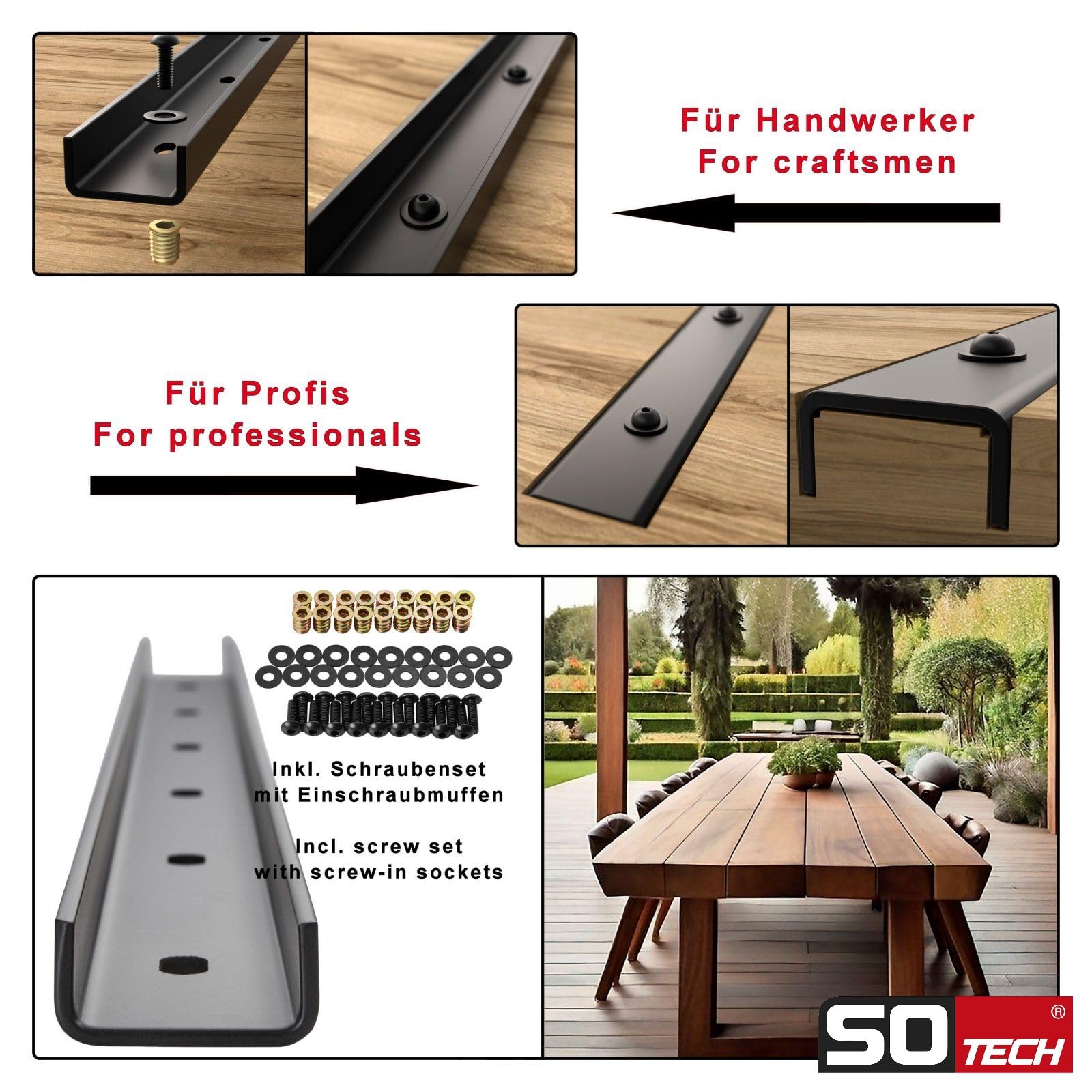 SOTECH Gratleisten 3 Stück U-Form Stahl schwarz 70 x 4 x 2 cm für Tischplatten/inkl. Befestigungsschrauben und Einschraubmuffen Verstärkungsprofil, Querstrebe, U-Profil, Aussteifungsprofil