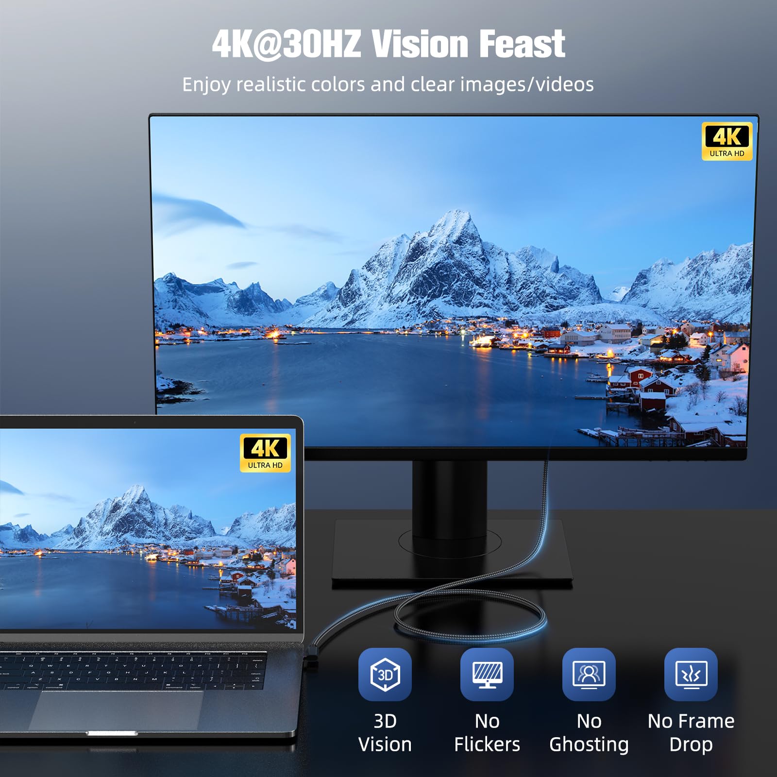 Cavo USB C To HDMI 2m Angolo Retto | 4K Per IPhone 15, MacBook, Galaxy, Surface - Foto 3