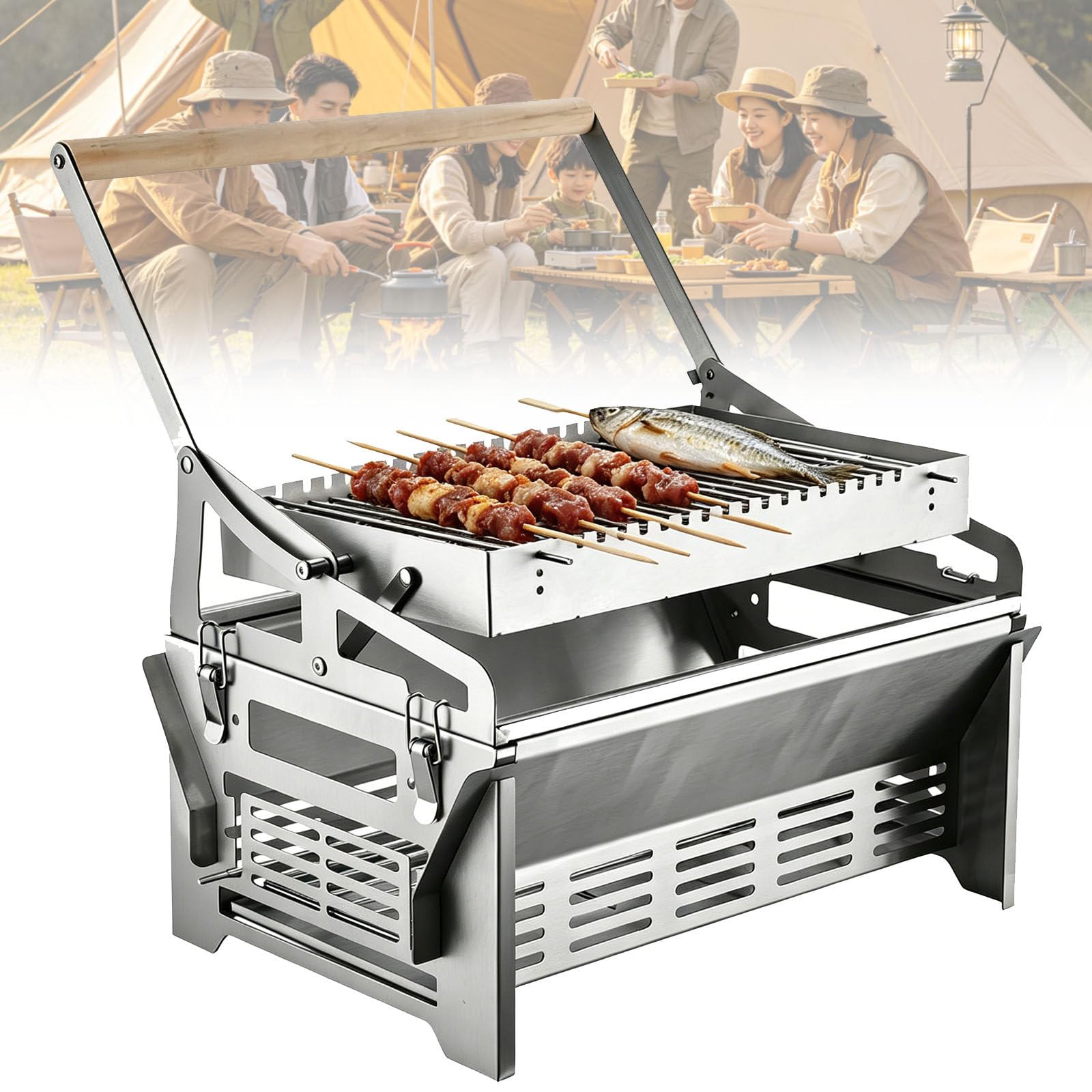 ylpddmm Flip Grill for BBQ, Portable Charcoal Flip Grill, Detachable Portable Charcoal Barbecue Grill, 360° Rotating Basket Barbecue Grill, Outdoor rotating bbq grills