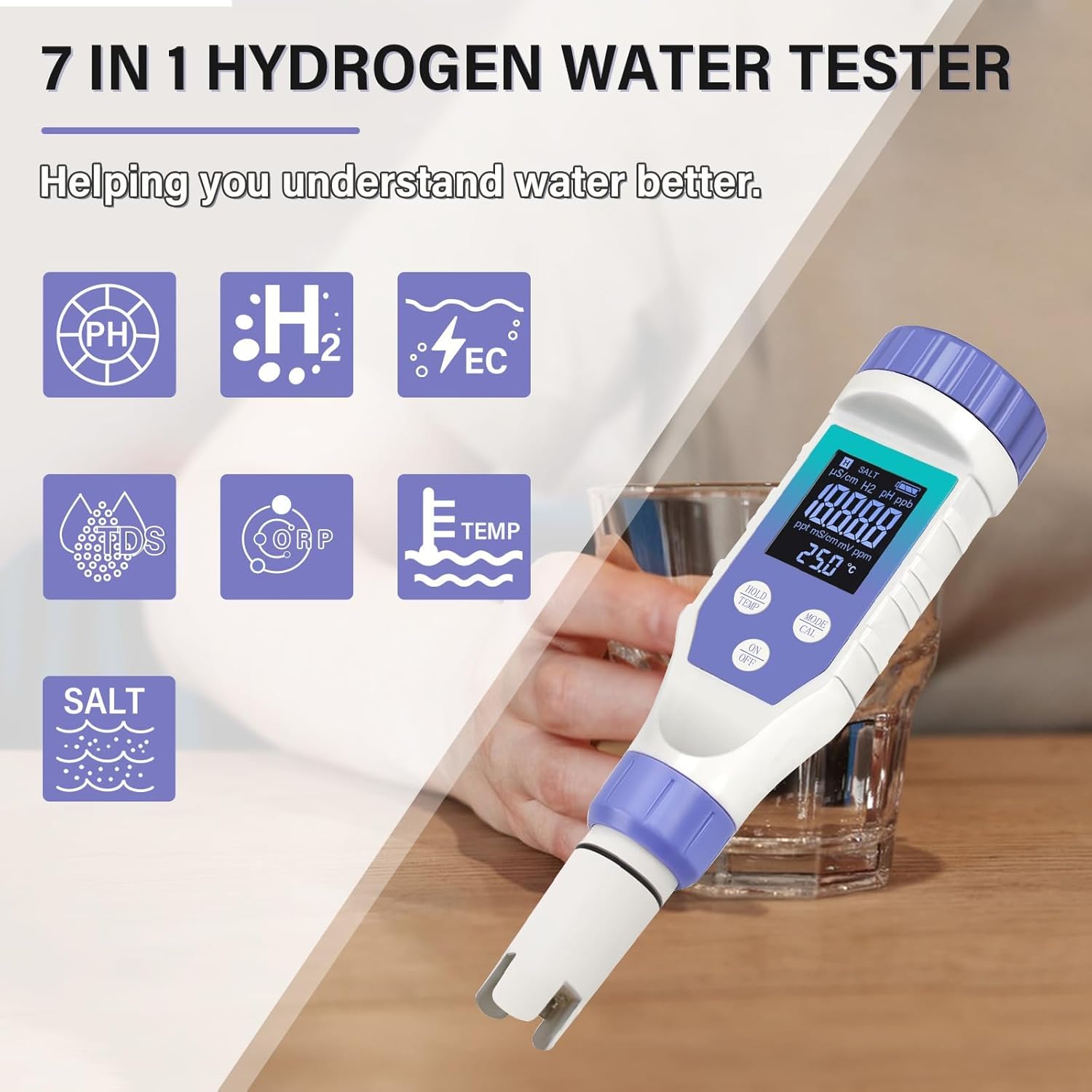 Hydrogen Water Tester, 7-in-1 H2 TMEP EC TDS Salt pH ORP Meter for Hydrogen Water Bottle, TDS Meter Digital Water Tester for Drinking Water, Filtered Water, pH Tester for Juice, Coffee
