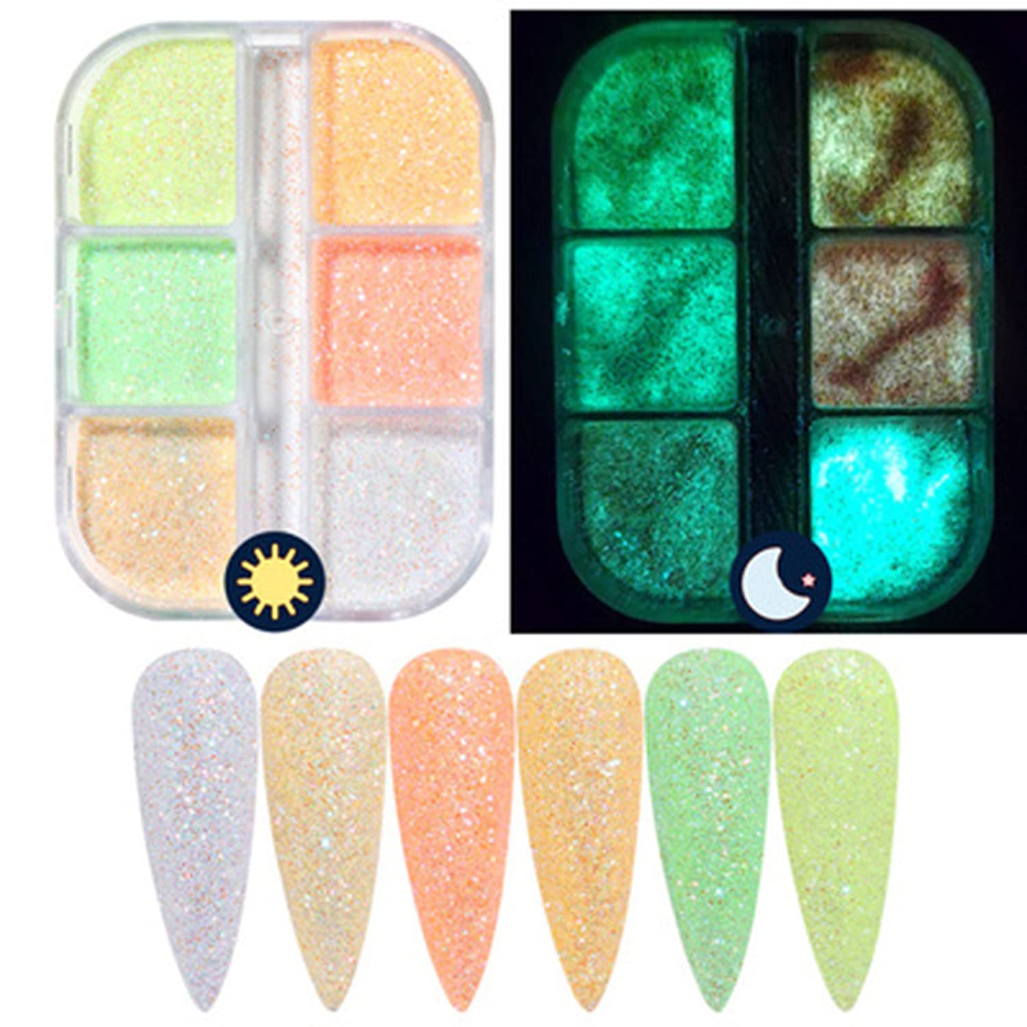 Luminous Nail Glitter Powder Fluorescent Pigment Holographic Glow Liquid Nail Art Dust Design Nails Supplies 3D Nail Accessories for Women Manicure Tips Charms Decoration DIY Body Makeup (6 Colors)