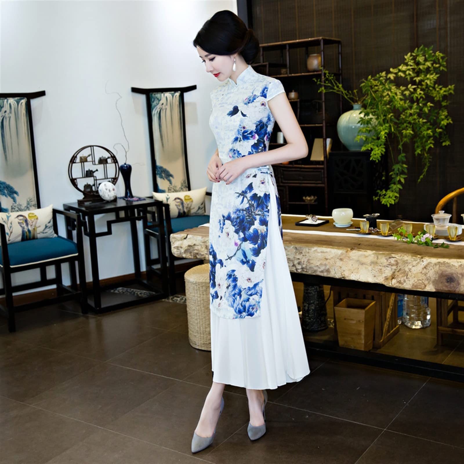 Vintage Ulepszenia Wietnamska Sukienka Ao Dai Lato Długa Podwójna Warstwa Rozcięcie Ao Dai Cheongsam Ubrania dla Mam Wybieg Qipao Poliester(3XL)