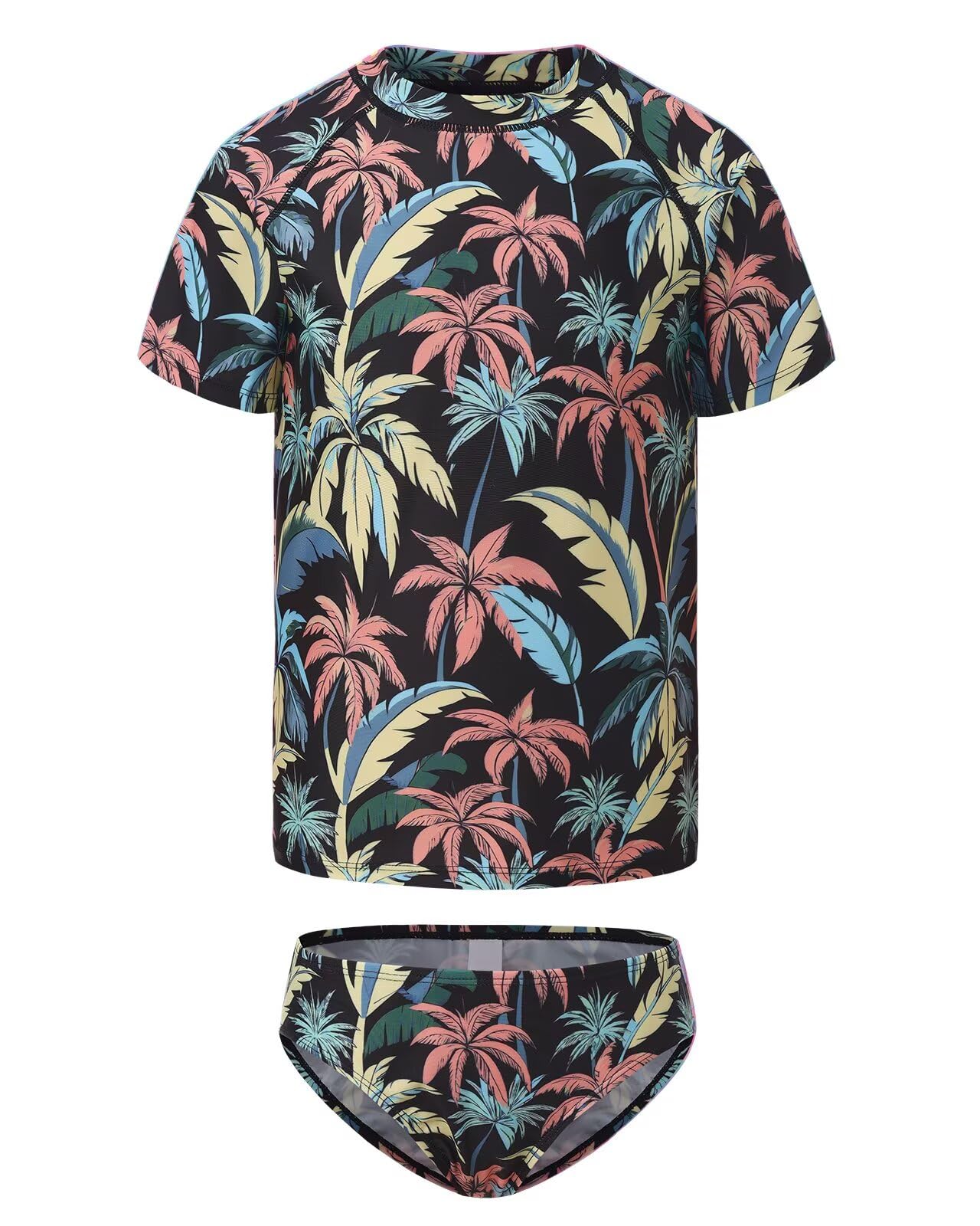 Girls Two Piece Rash Guard Swimsuits Set Short Sleeve Bathing Suit for Kids Hawaiian Swimwear Set 3-16 Years
