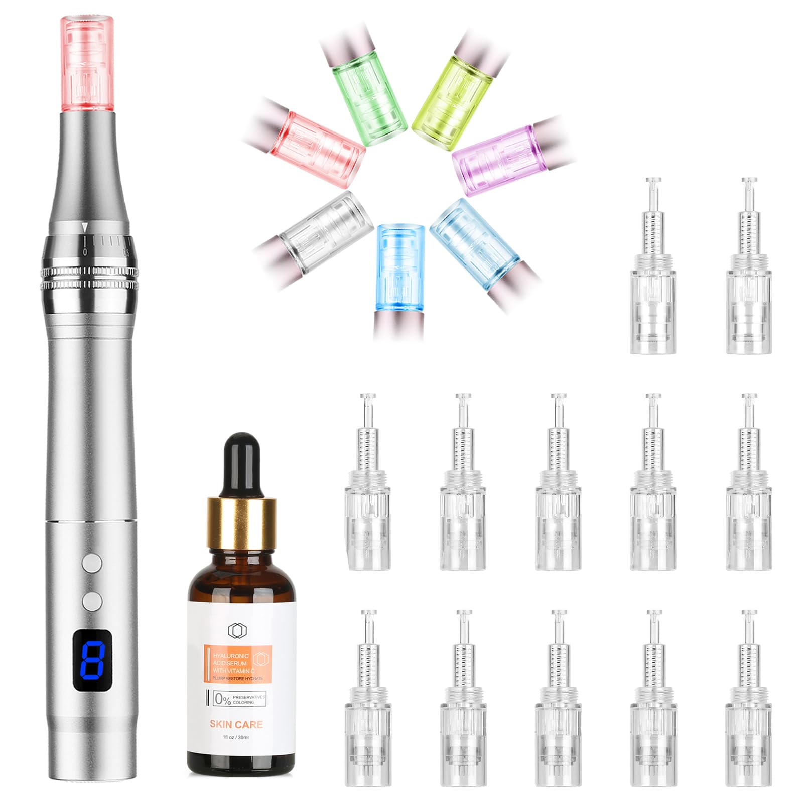 Endim 8-Speeds Microneedling Pen LCD Screen Derma pen with 12Pcs Cartridges Electric Derma Pen for Face Body Beard Hair and Skin Care-Black
