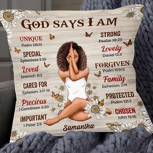 Funda de almohada personalizada con texto en inglés "God Says I Am Sunflowers", con versículo bíblico del mundo difuso, regalos cristianos para