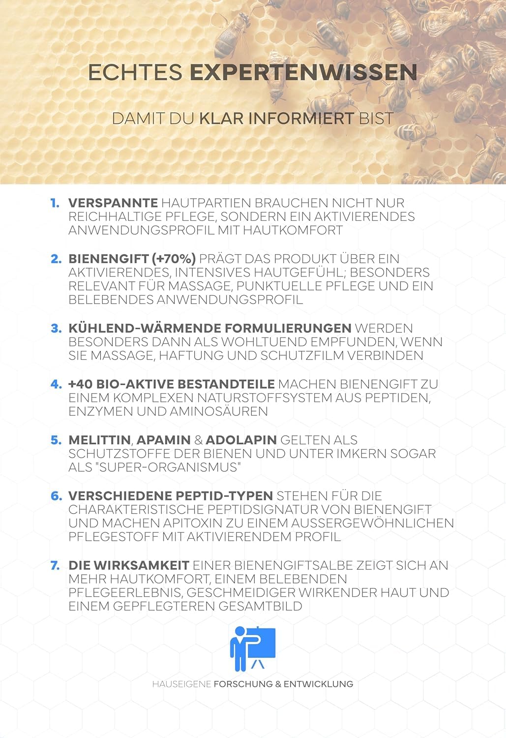 Bienengiftsalbe hochdosiert (+70% Melittin): Kühlend & wärmend, Bee Venom Bienengiftcreme + 9 Kräuterextrakte & 330 Bienenstichen: Aloe Vera & Eukalyptus; Made in Germany; Pflegt Falten & Arthrose