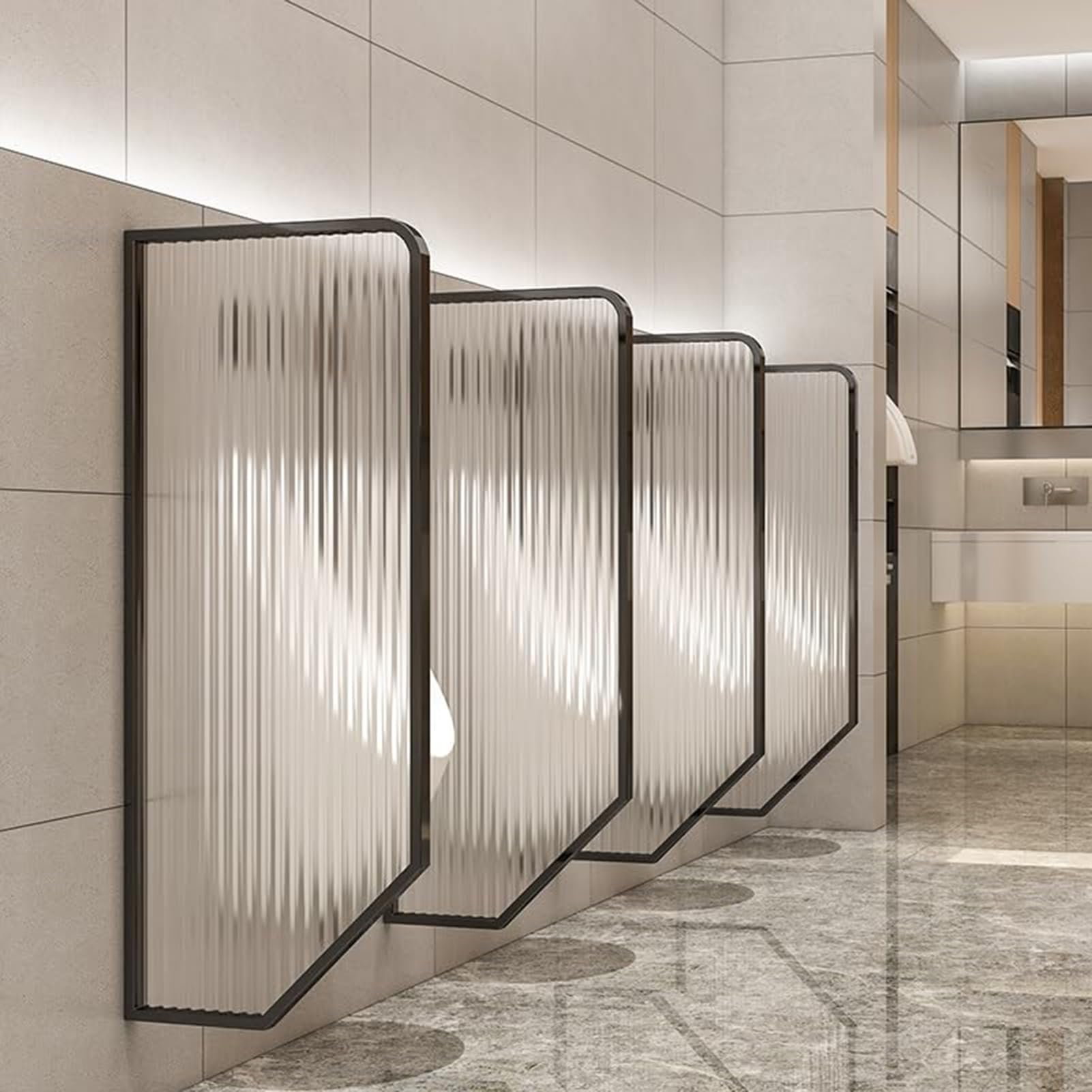 Naścienny zestaw czarnych pisuarów - hartowana stal beztłuszczowa, idealny do hoteli, szkół, przedszkoli, centrów handlowych - elegancki design w stylu art deco