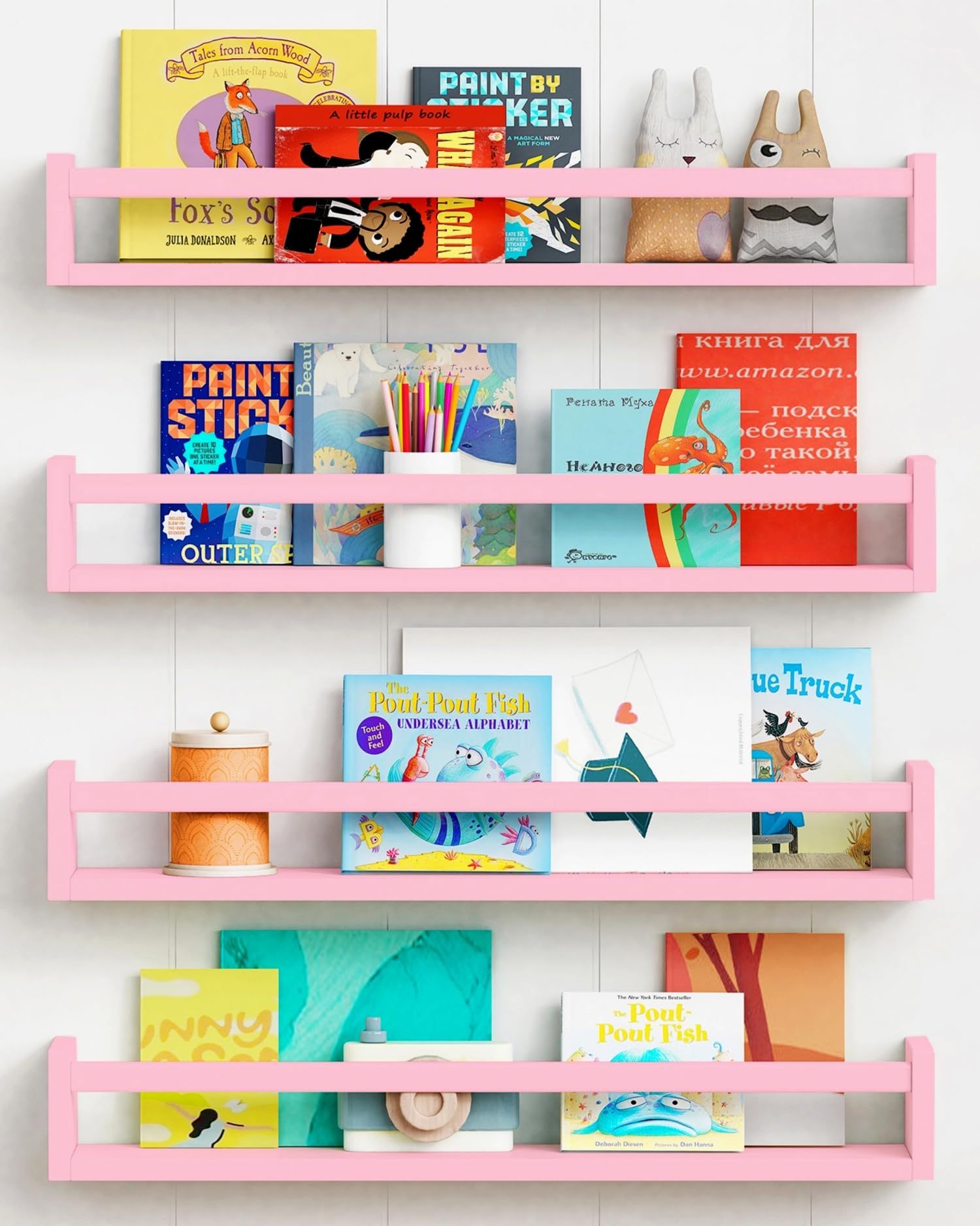 Forbena Large Pink Kids Book Shelves for Girls Room Wall Set of 4, Floating Nursery Book Shelf for Baby Girl Deocr, 24 Inches Long Wall Mounted Bookshelf for Toddler Kid Child Teens Bedroom (Pink)