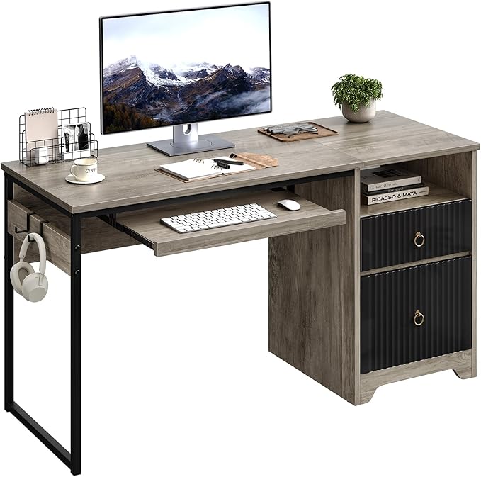 Bestier 55 Inch Computer Desk with Keyboard Tray, Modern Office Desk with Storage, Wood Writing Desk with File Drawer, Fluted Panel & 2 Hooks for Home Office & Studio, Cherry
