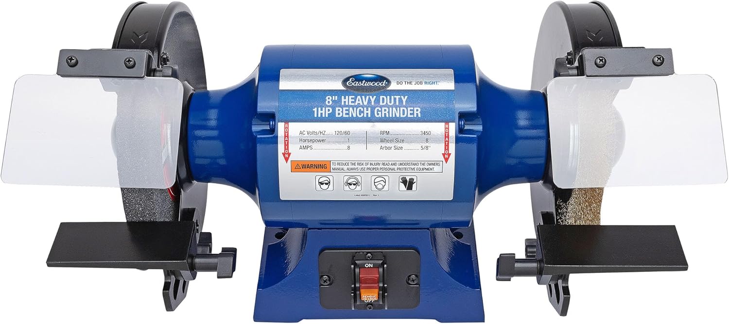 Eastwood 8 Inch Heavy Duty 1HP Bench Grinder | Industrial Grade High Precision Bench Grinder | Includes 8" Grinding Wheel & Crimped Wire Wheel with 3450 RPM Motor | Easy to Remove Wheel Guard Sides