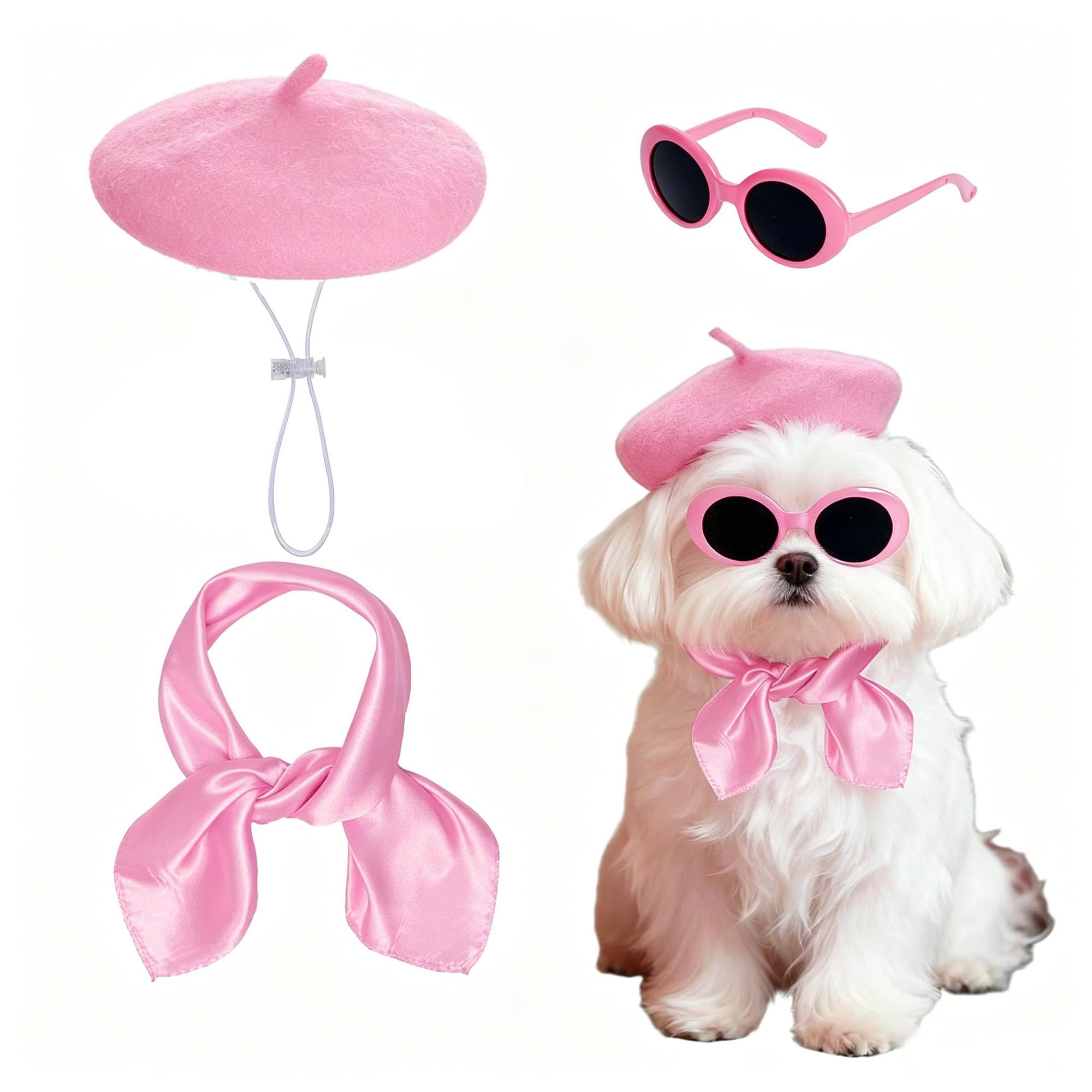 Haakong Dog Beret Set Including Dog Beret Satin Scarf Funny Glasses Pet French Artist Beanie for Small Dogs Cats Halloween Christmas Cosplay Party(Pink) — image 1