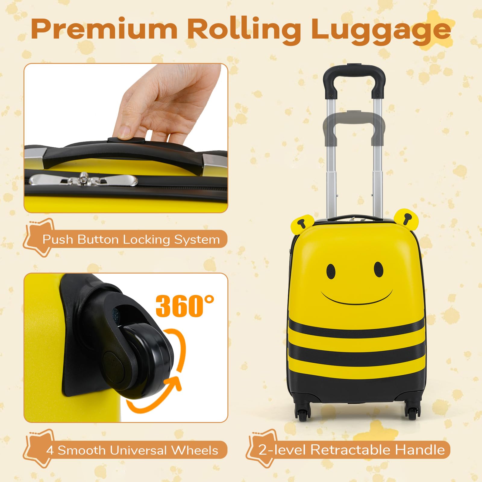 GYMAX Set di 2 valigie per bambini, zaino da 30,5 cm e valigia rigida da 40,6 cm, con ruote e corda anti-smarrimento, per ragazzi e ragazze, per viaggi e scuola