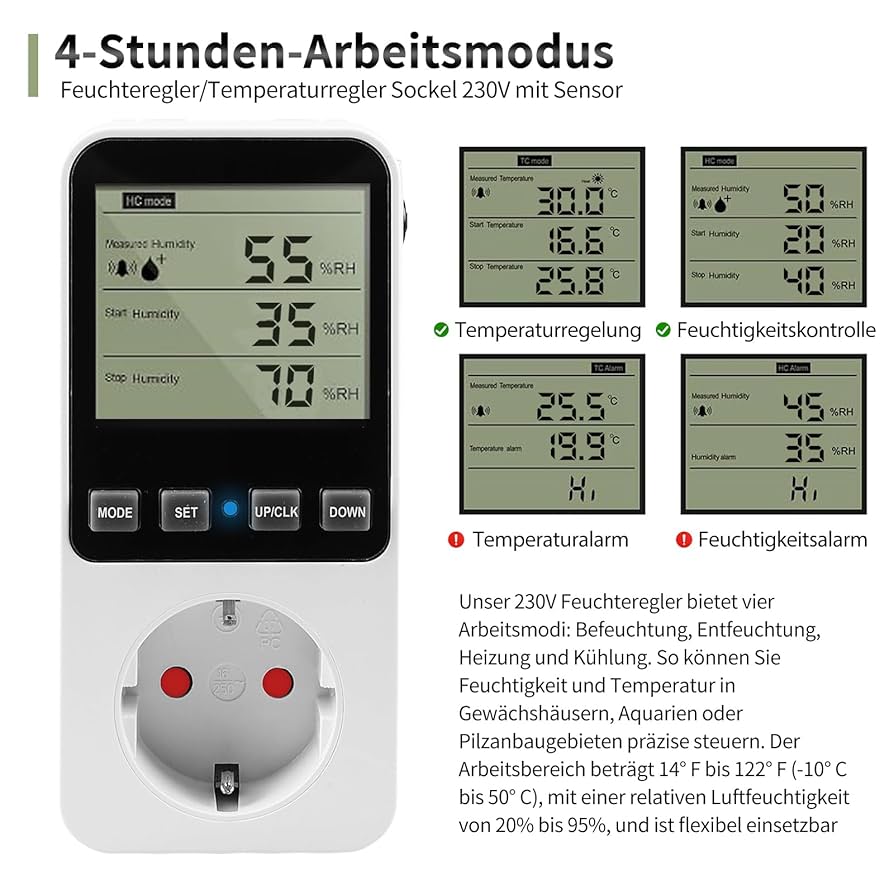 Termostato Digitale Con Sonda 230V - Regola Umidità E Temperatura Per Serra, Acquario, Grow