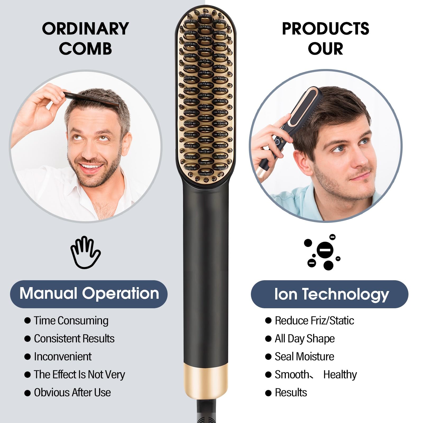 Journeyside Piastra per Barba Uomo, Mini Spazzola Lisciante per Capelli Corti,Piastra per Capelli e Barba Uomo, Regolabili 160℃/190℃/220℃, Piastra per Barba Capelli per Modellare Barba e Capelli