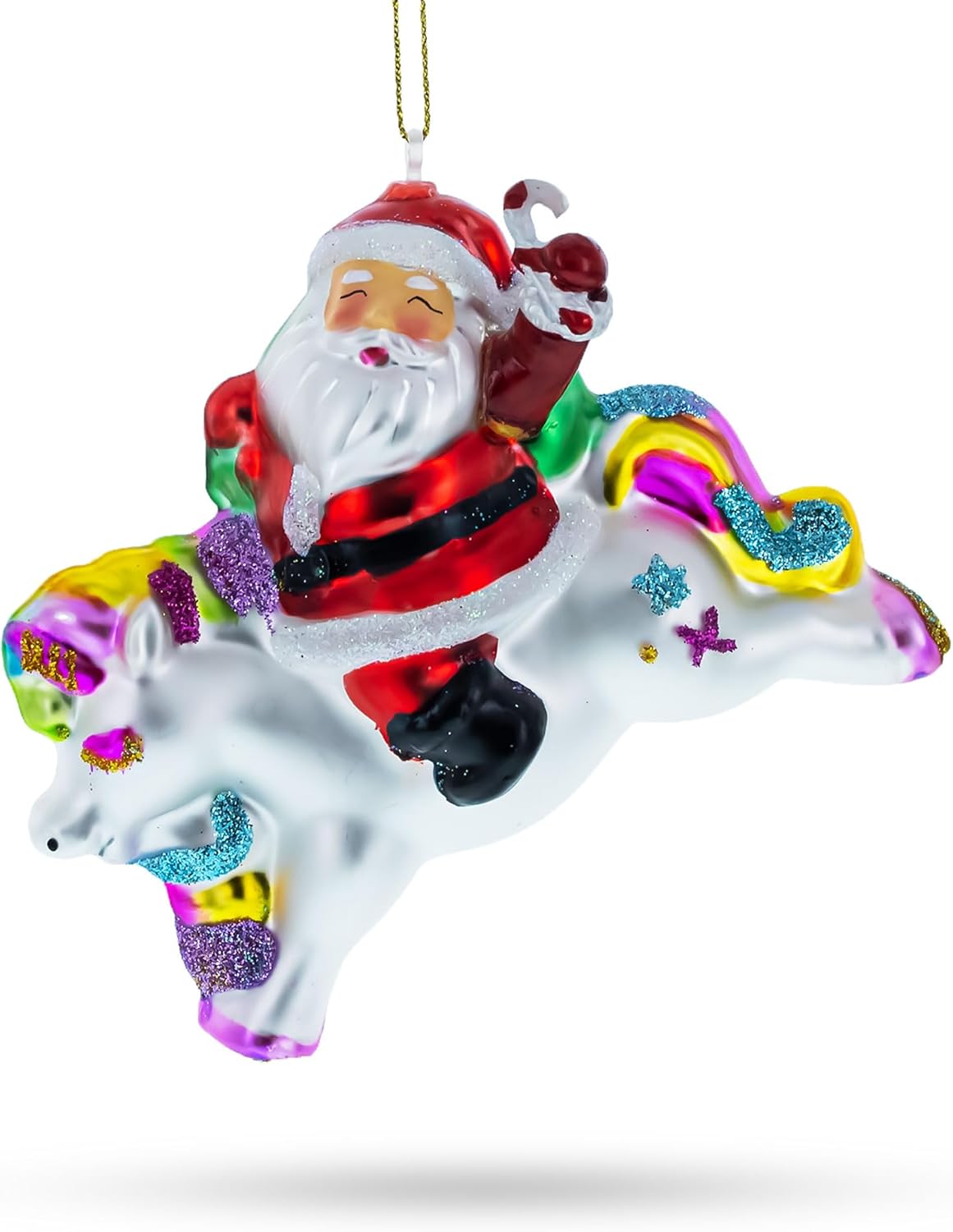 Santa Riding Rainbow Unicorn Glass Christmas Ornament